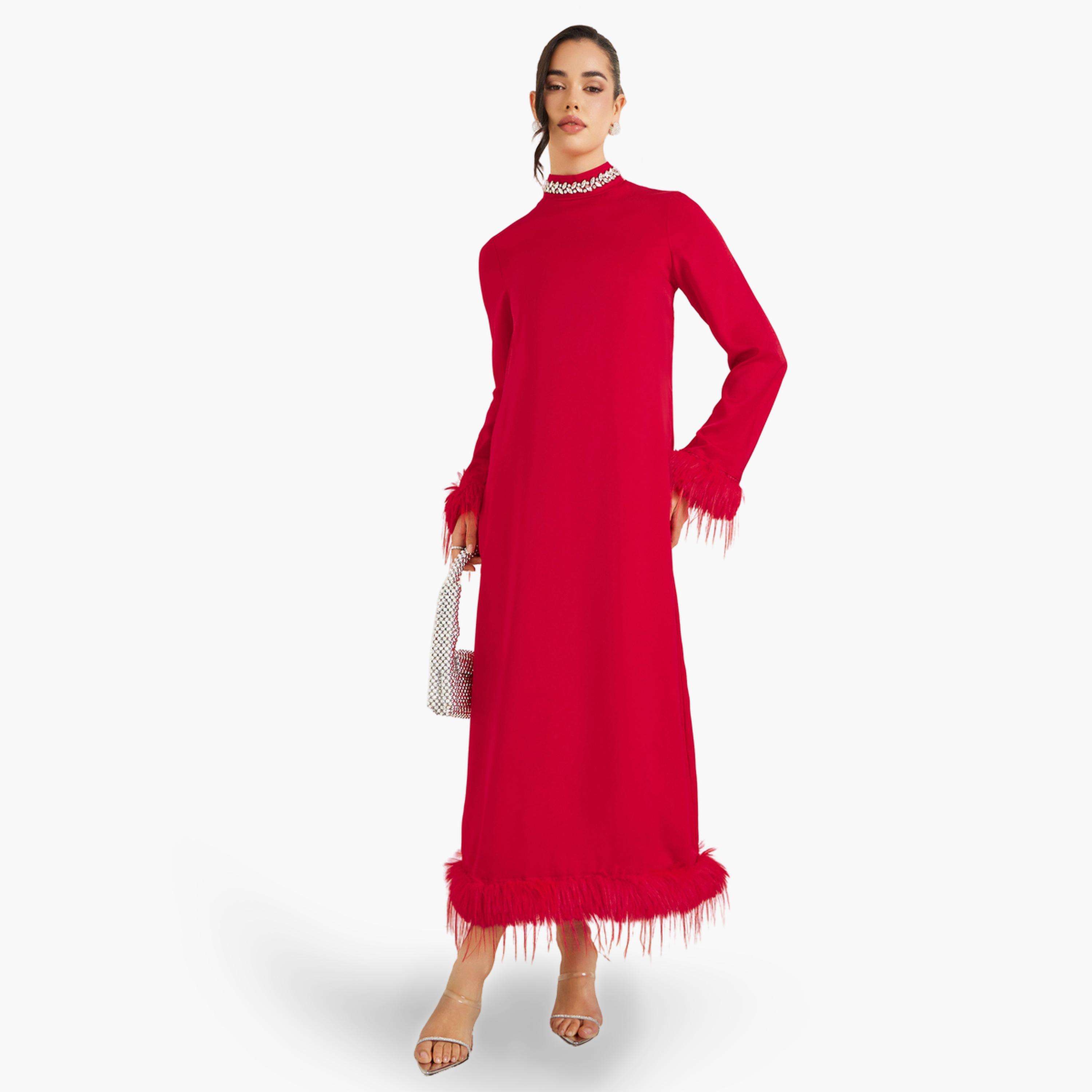 فستان ميدي شيفت منمق مع ياقة عالية-women-clothing-dresses-image-1