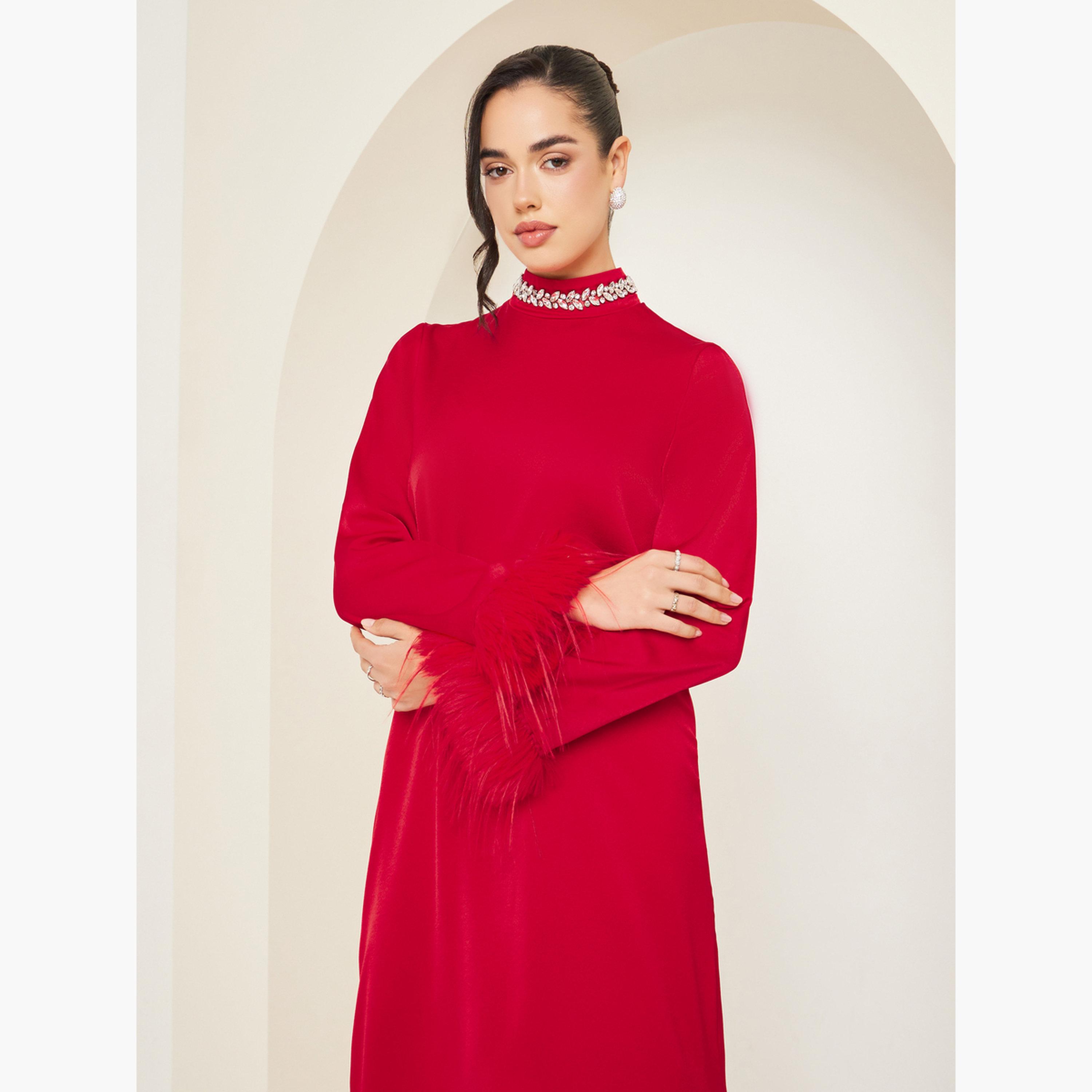 فستان ميدي شيفت منمق مع ياقة عالية-women-clothing-dresses-image-2