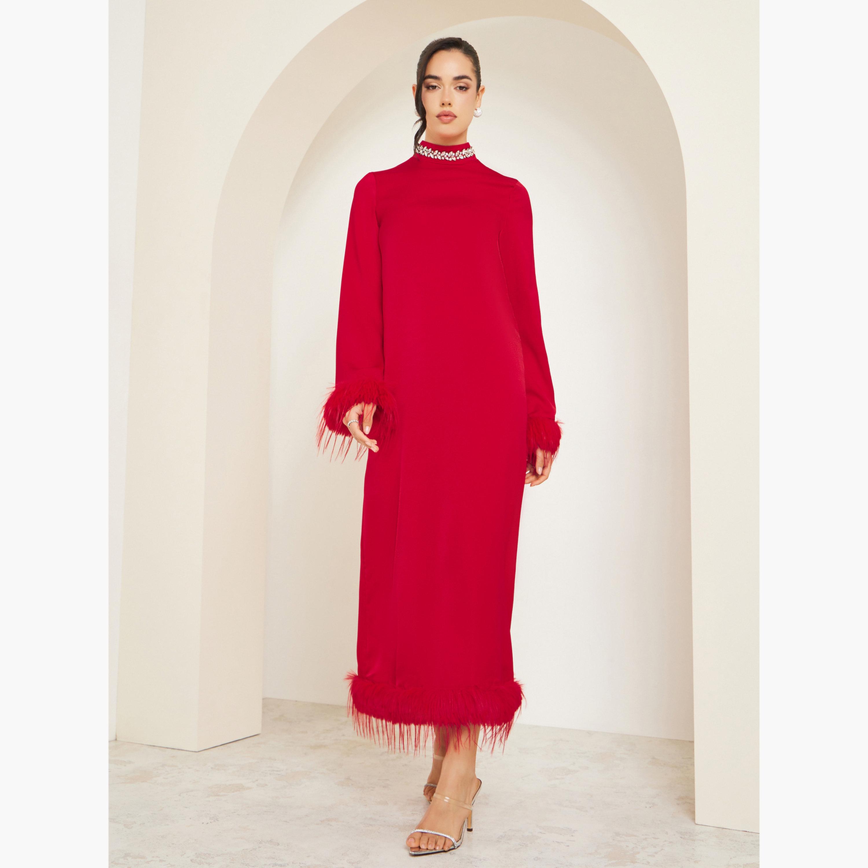 فستان ميدي شيفت منمق مع ياقة عالية-women-clothing-dresses-image-3