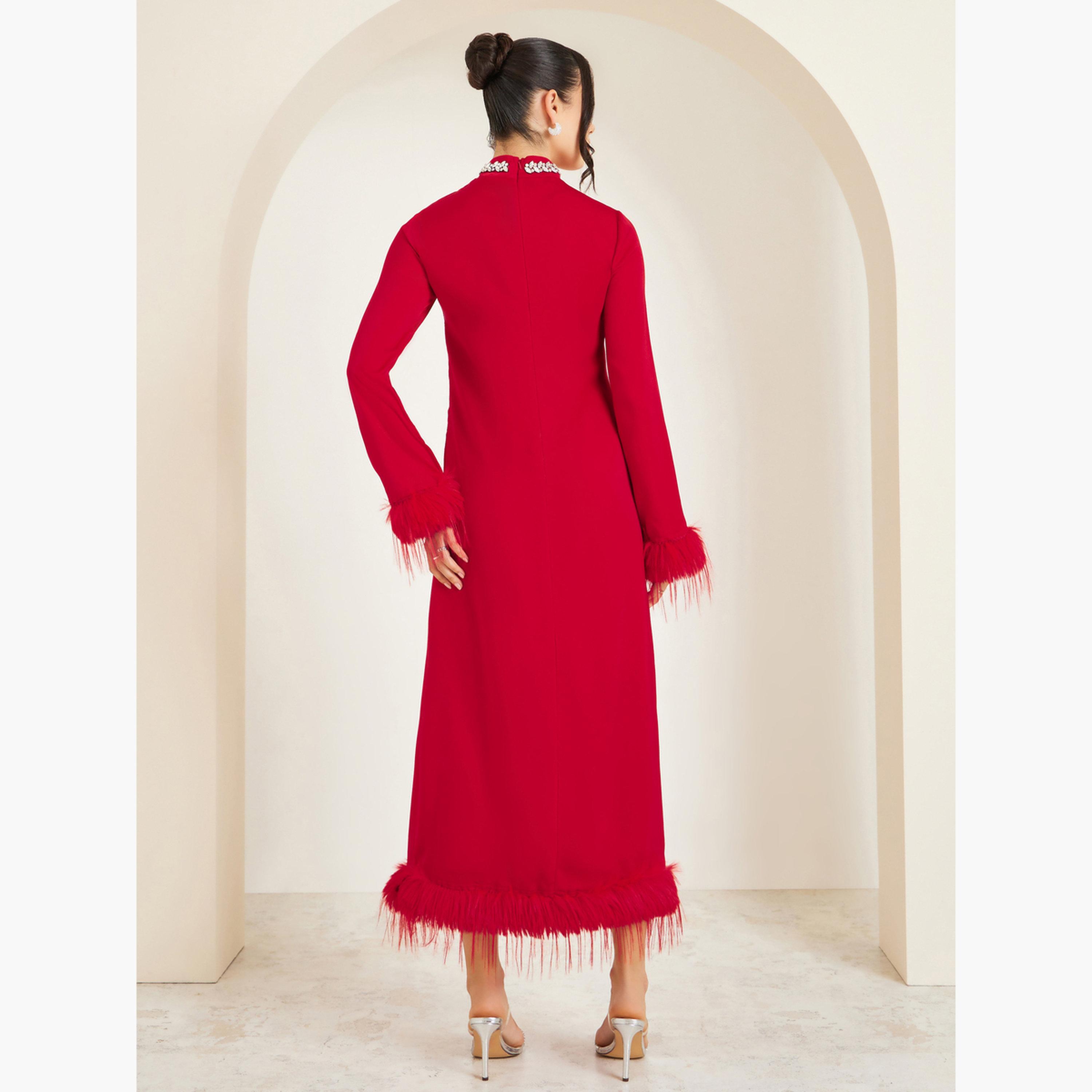 فستان ميدي شيفت منمق مع ياقة عالية-women-clothing-dresses-image-4