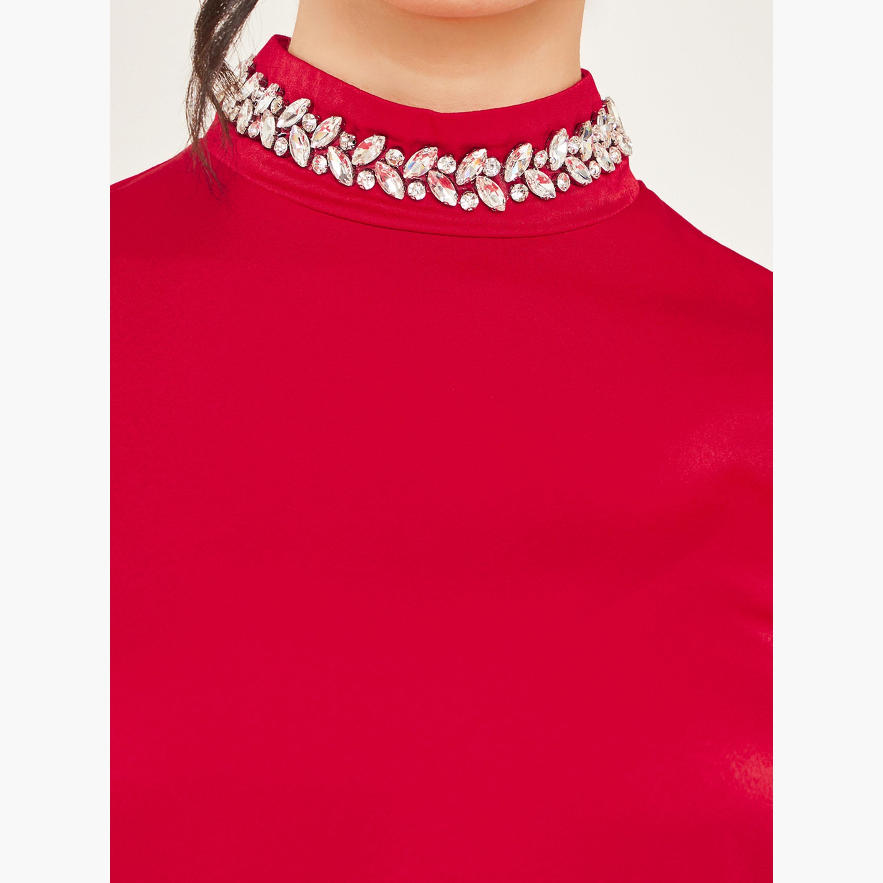فستان ميدي شيفت منمق مع ياقة عالية-women-clothing-dresses-image-5