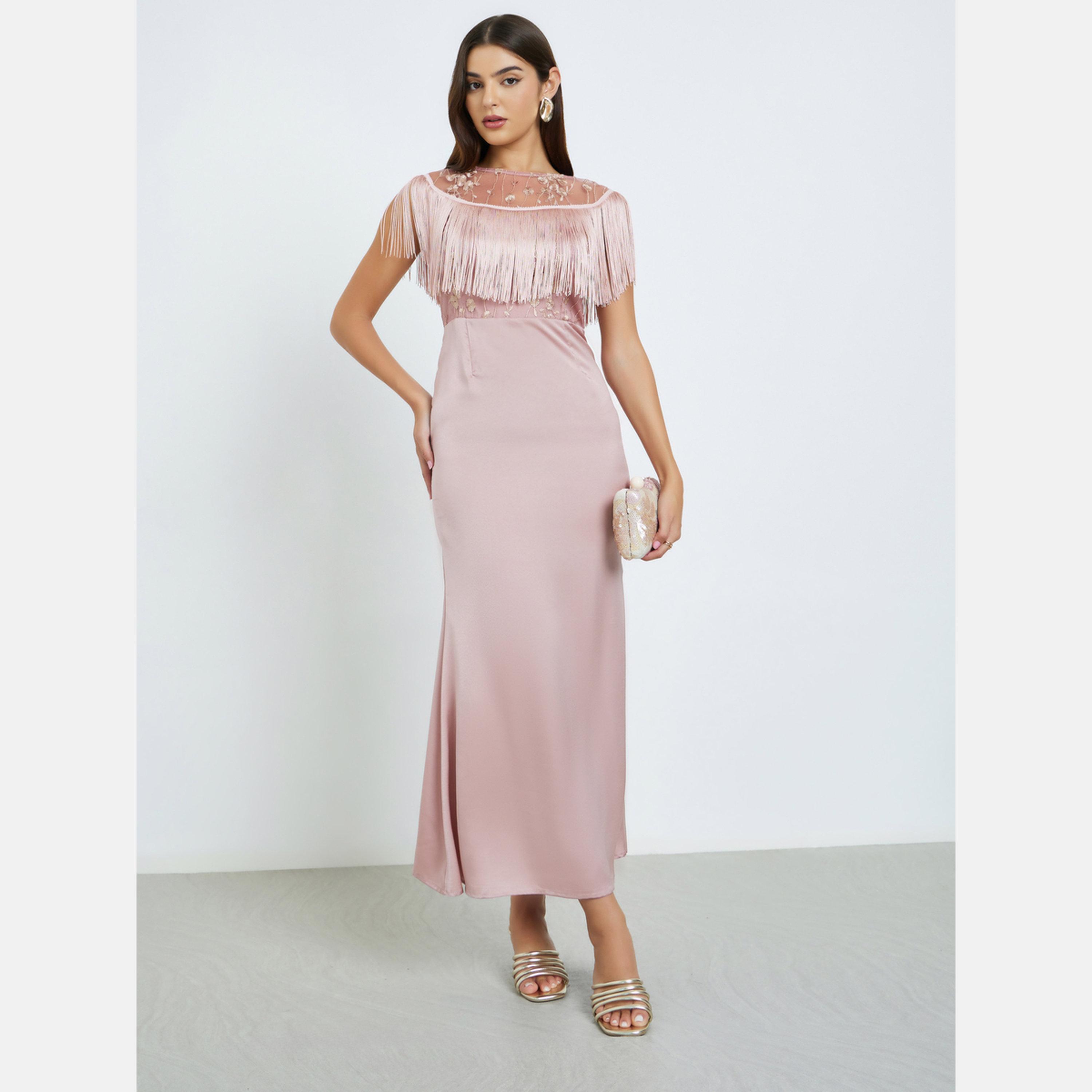 ستايلي - فستان ماكسي دانتيل رقبة قارب مع تفاصيل حواف وحافة حورية البحر-women-clothing-dresses-image-1