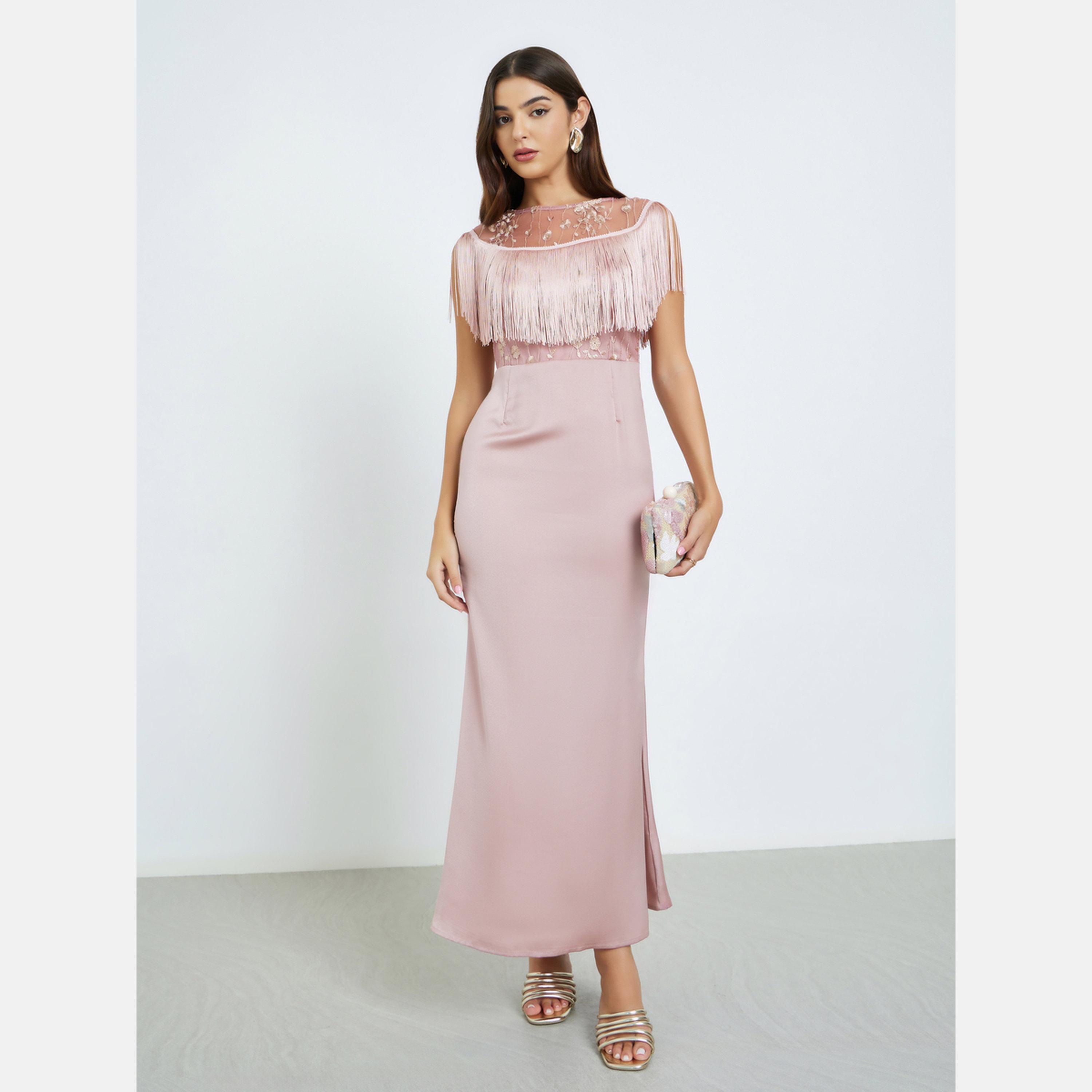 ستايلي - فستان ماكسي دانتيل رقبة قارب مع تفاصيل حواف وحافة حورية البحر-women-clothing-dresses-image-2
