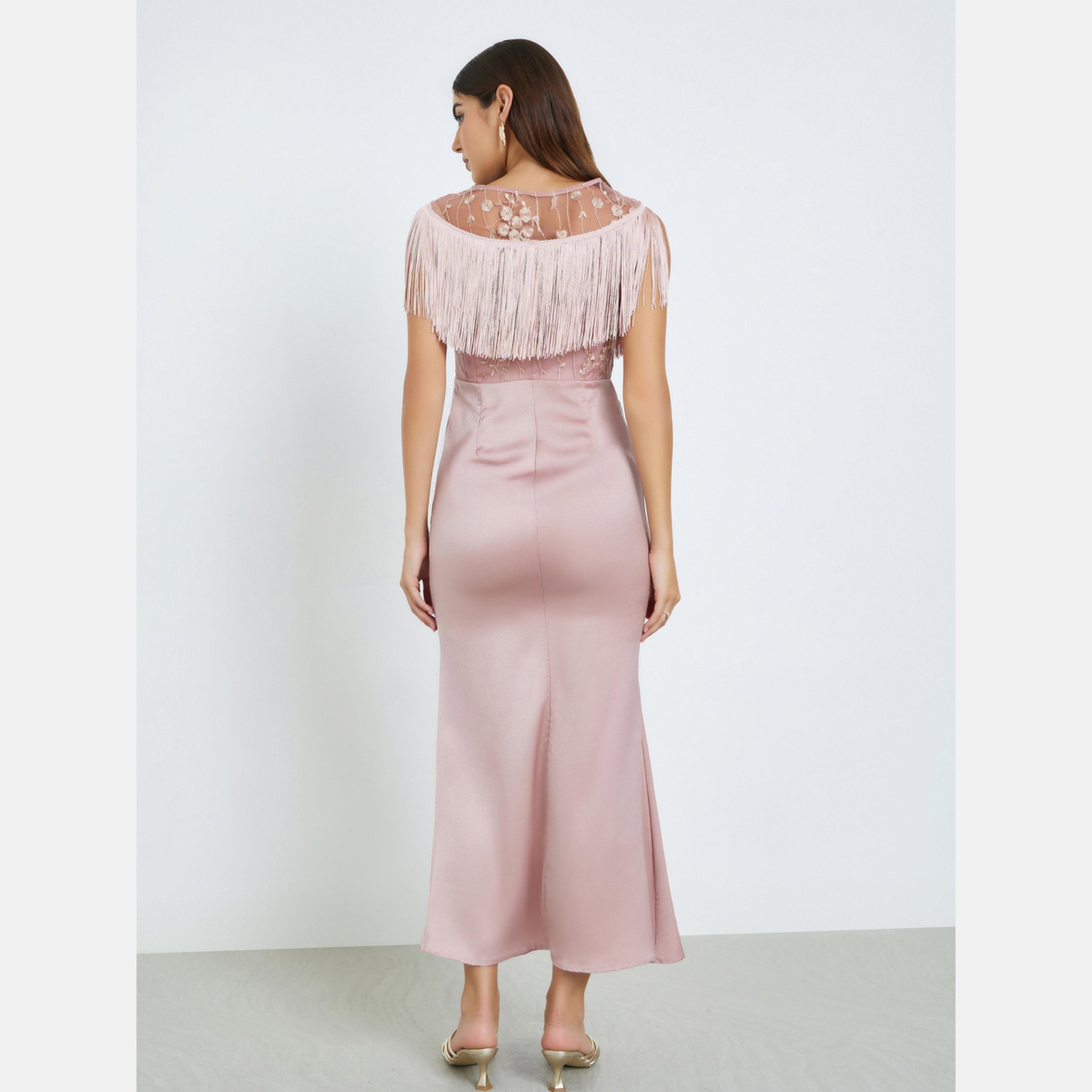 ستايلي - فستان ماكسي دانتيل رقبة قارب مع تفاصيل حواف وحافة حورية البحر-women-clothing-dresses-image-5