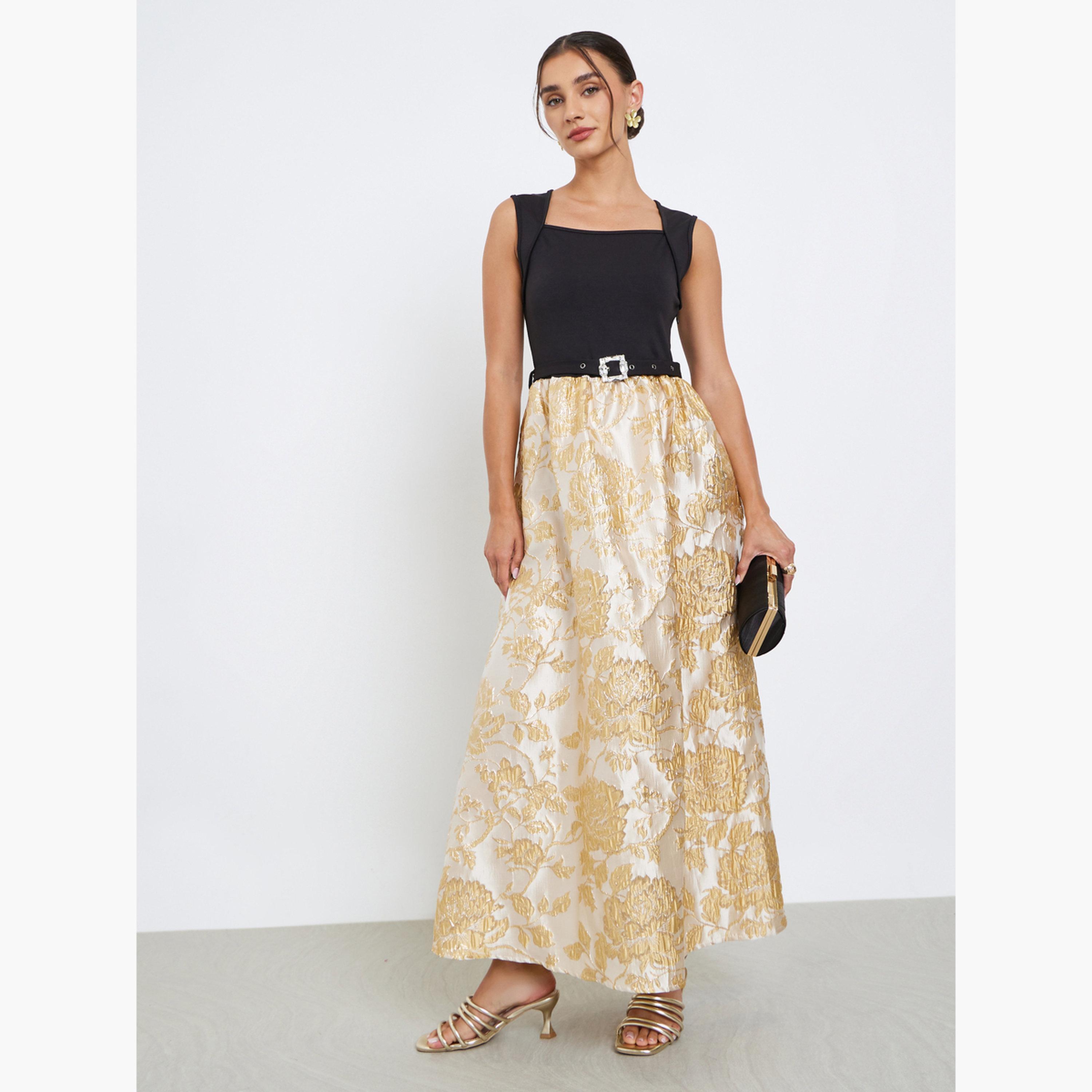 Styli Beige Floral Belted Sleeveless Maxi Dress-women-clothing-dresses-image-1