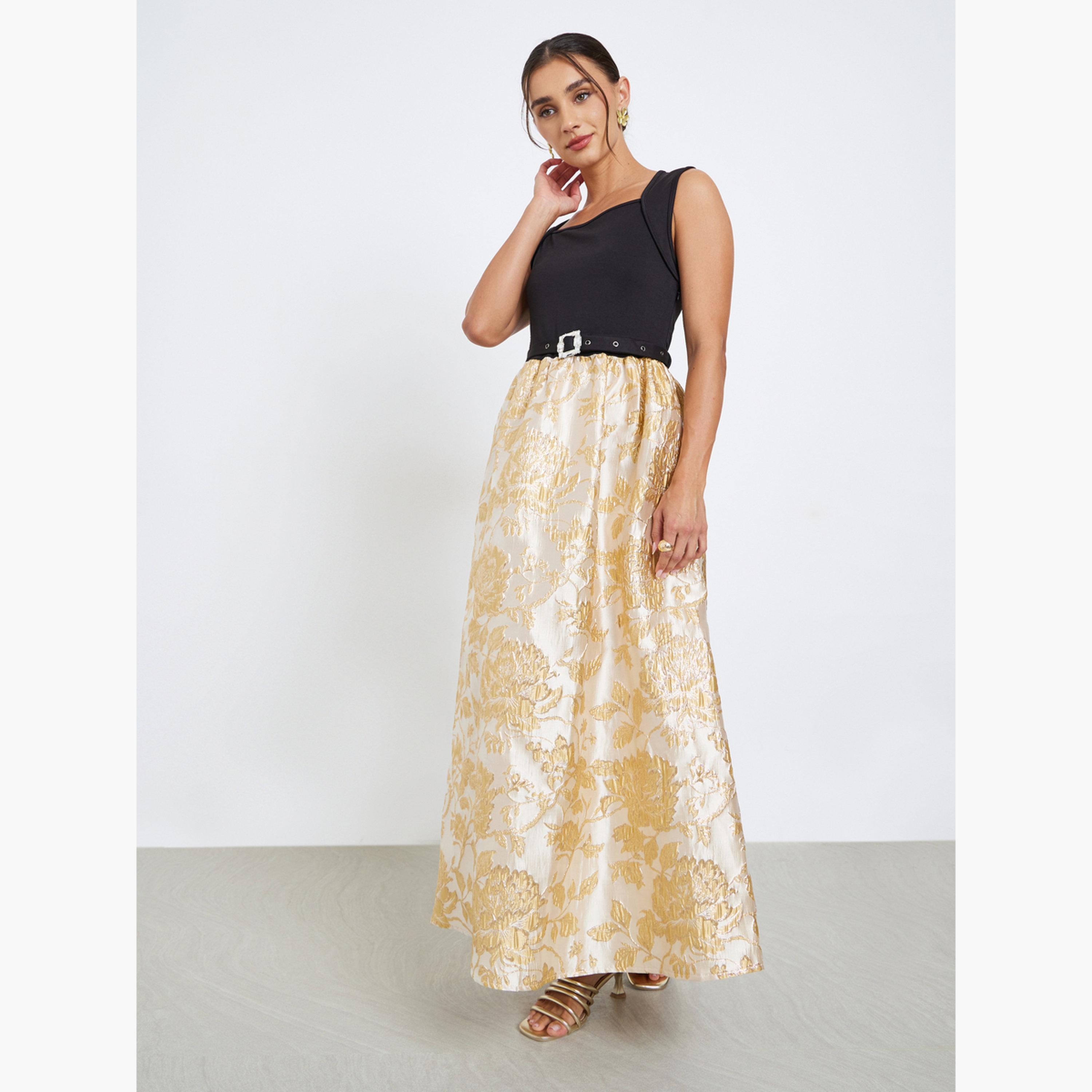 Styli Beige Floral Belted Sleeveless Maxi Dress-women-clothing-dresses-image-2