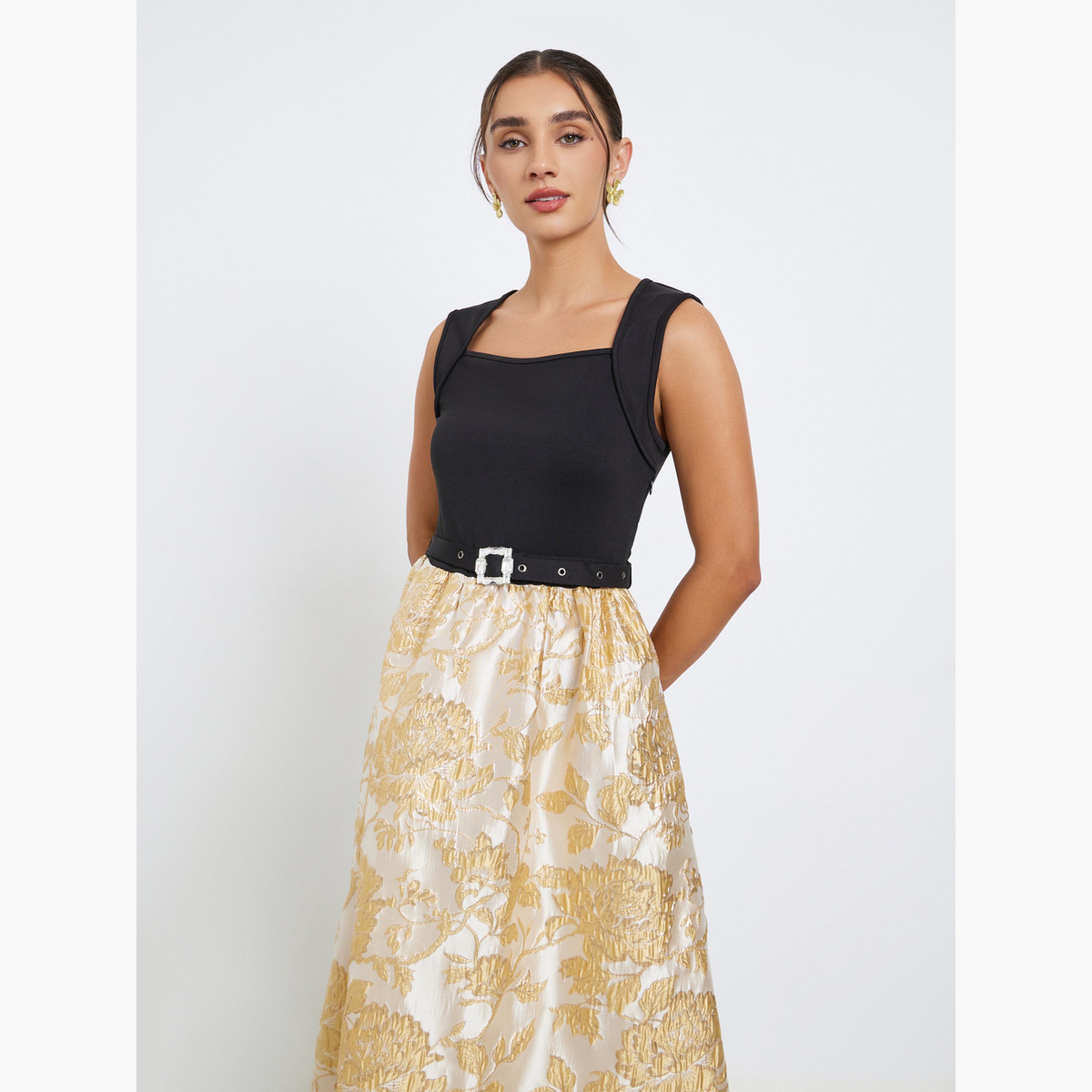 Styli Beige Floral Belted Sleeveless Maxi Dress-women-clothing-dresses-image-3