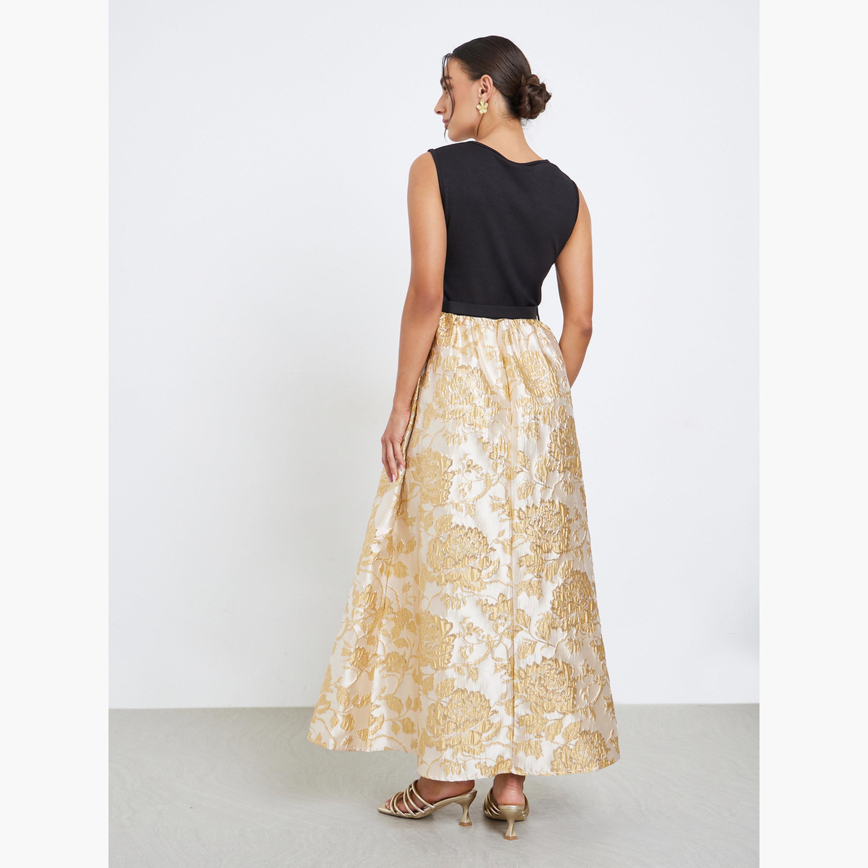 Styli Beige Floral Belted Sleeveless Maxi Dress-women-clothing-dresses-image-4