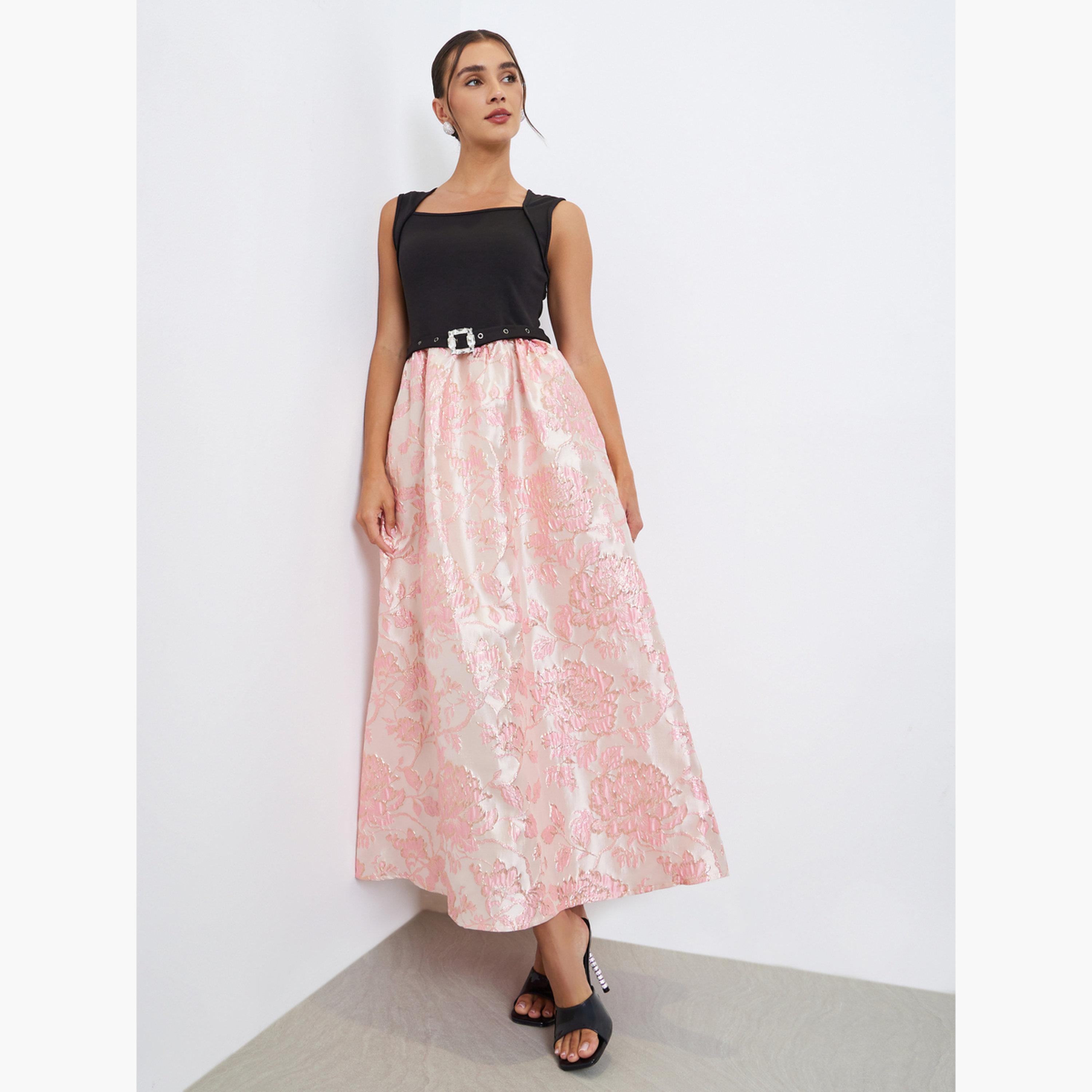 Styli Pink Floral Belted Sleeveless Maxi Dress-women-clothing-dresses-image-1