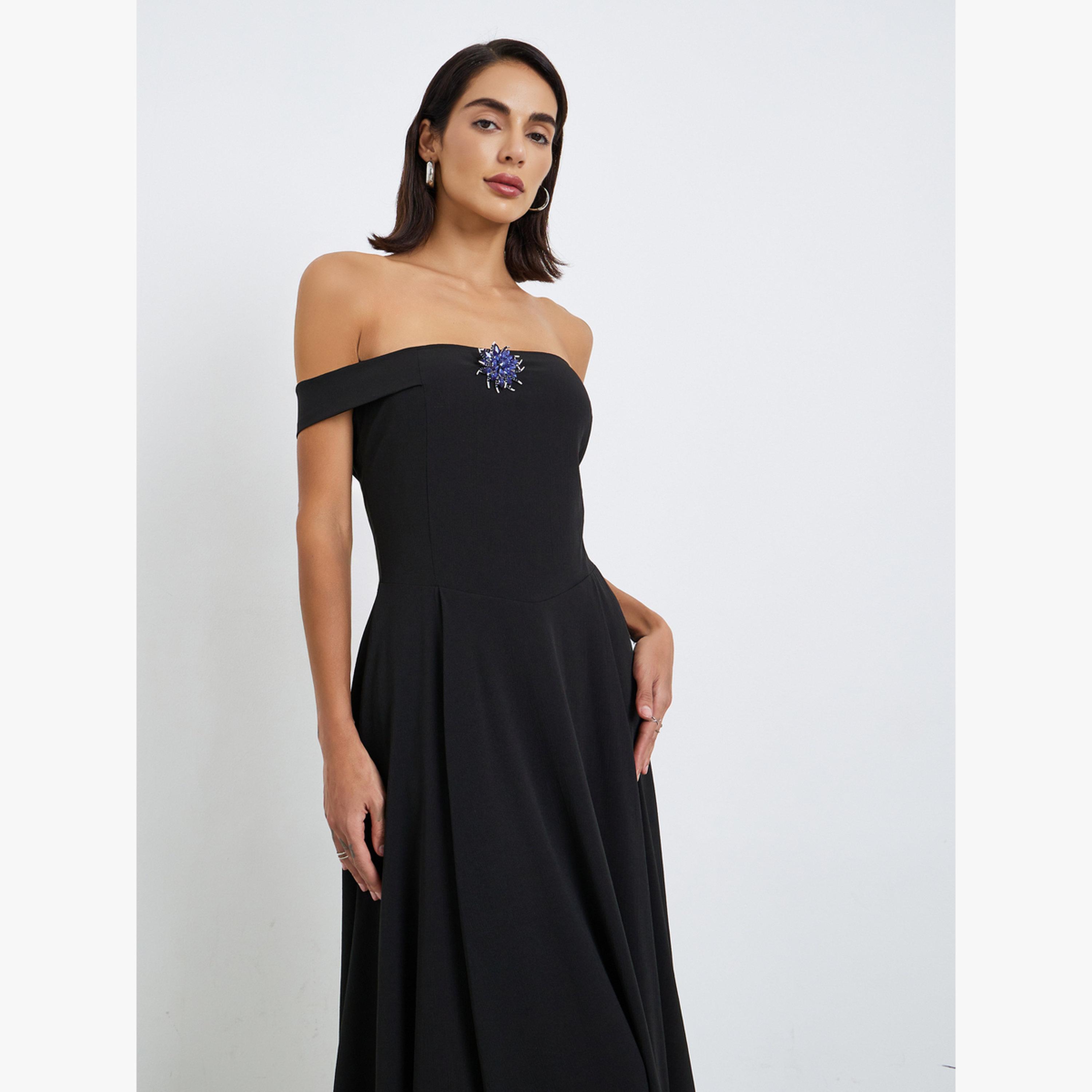 Styli Black Bardot Midi Dress with Brooch Detail-women-clothing-dresses-image-4
