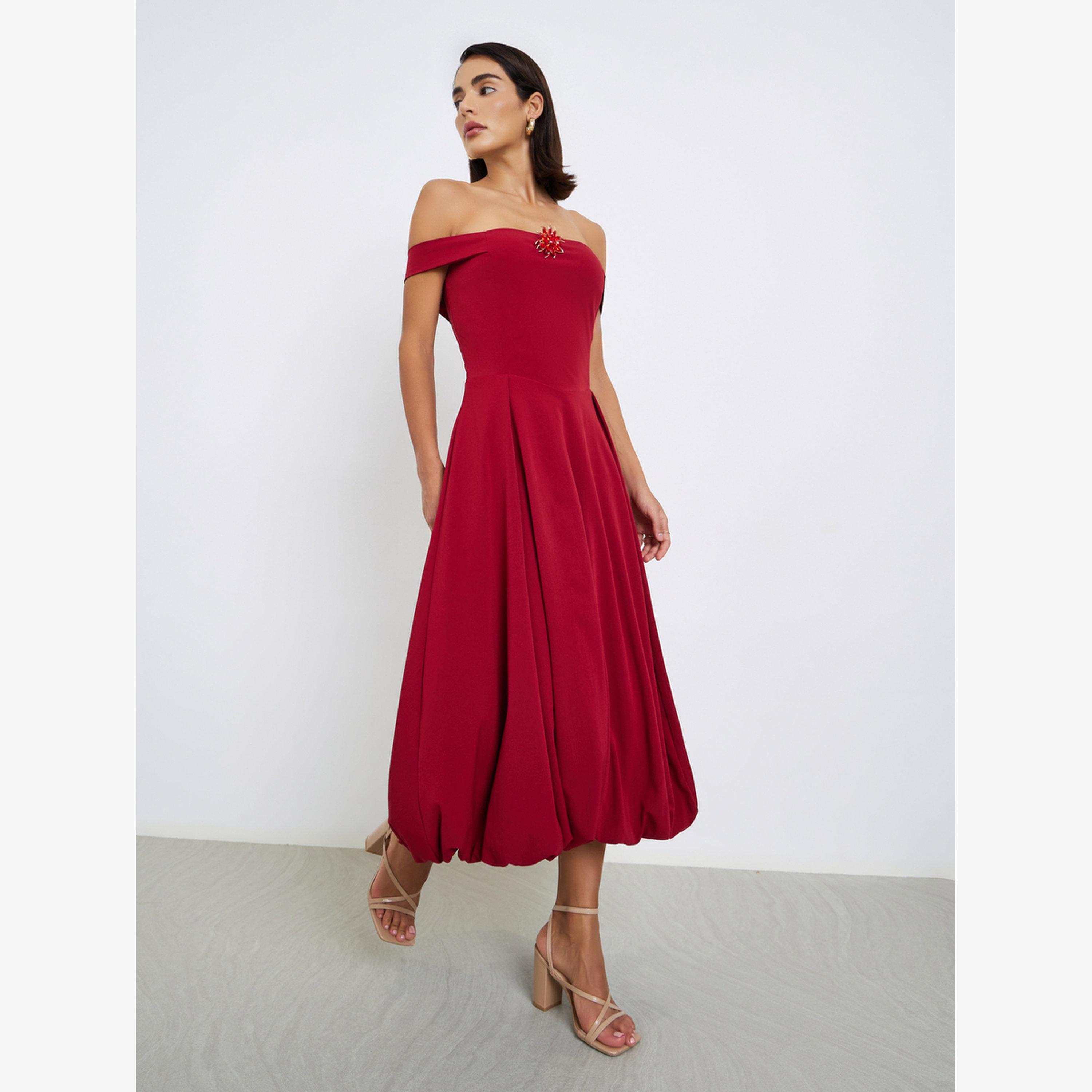 فستان ميدي باردو بتفاصيل بروش-women-clothing-dresses-image-1