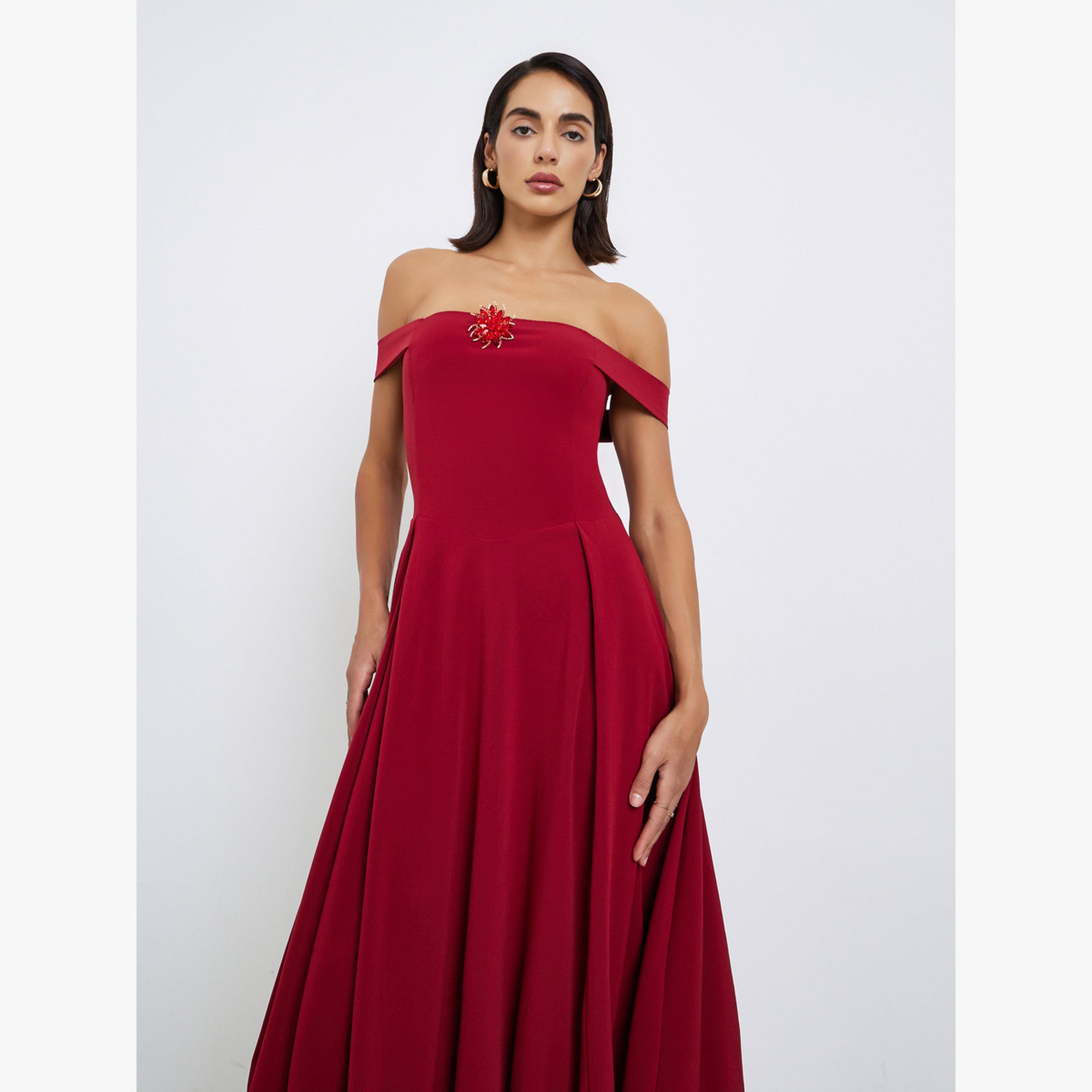 فستان ميدي باردو بتفاصيل بروش-women-clothing-dresses-image-4
