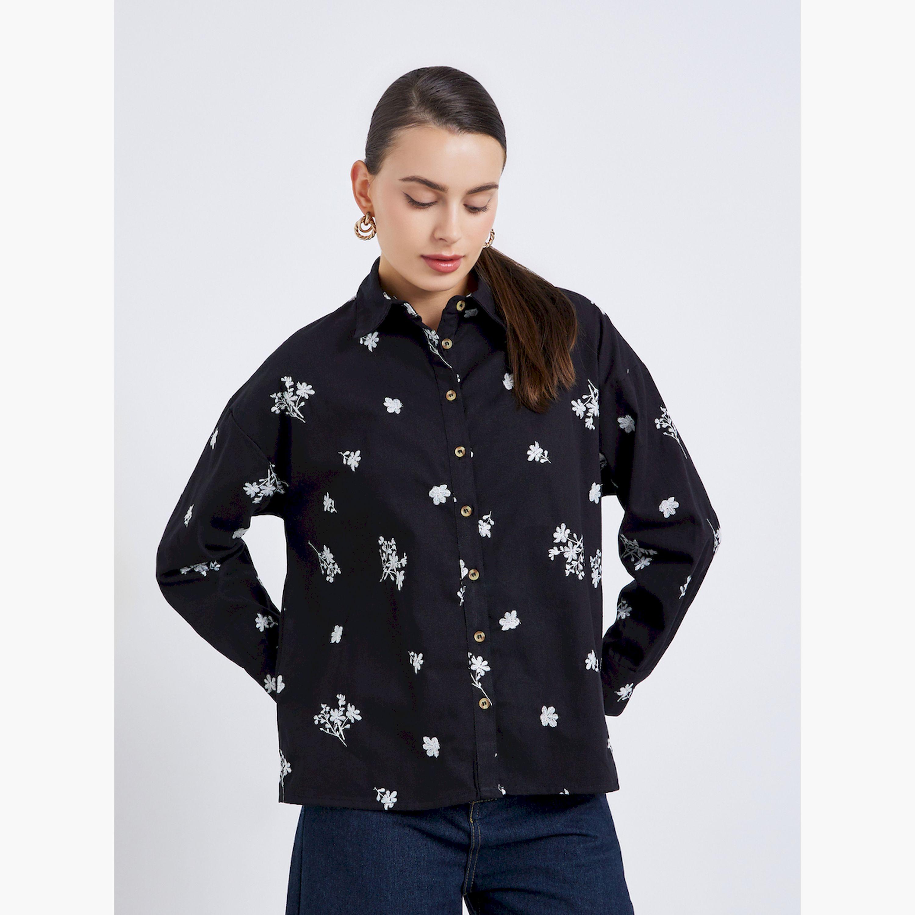 Styli Women Black Floral Embroidered Shirt-women-clothing-shirtsandblouses-shirts-image-1