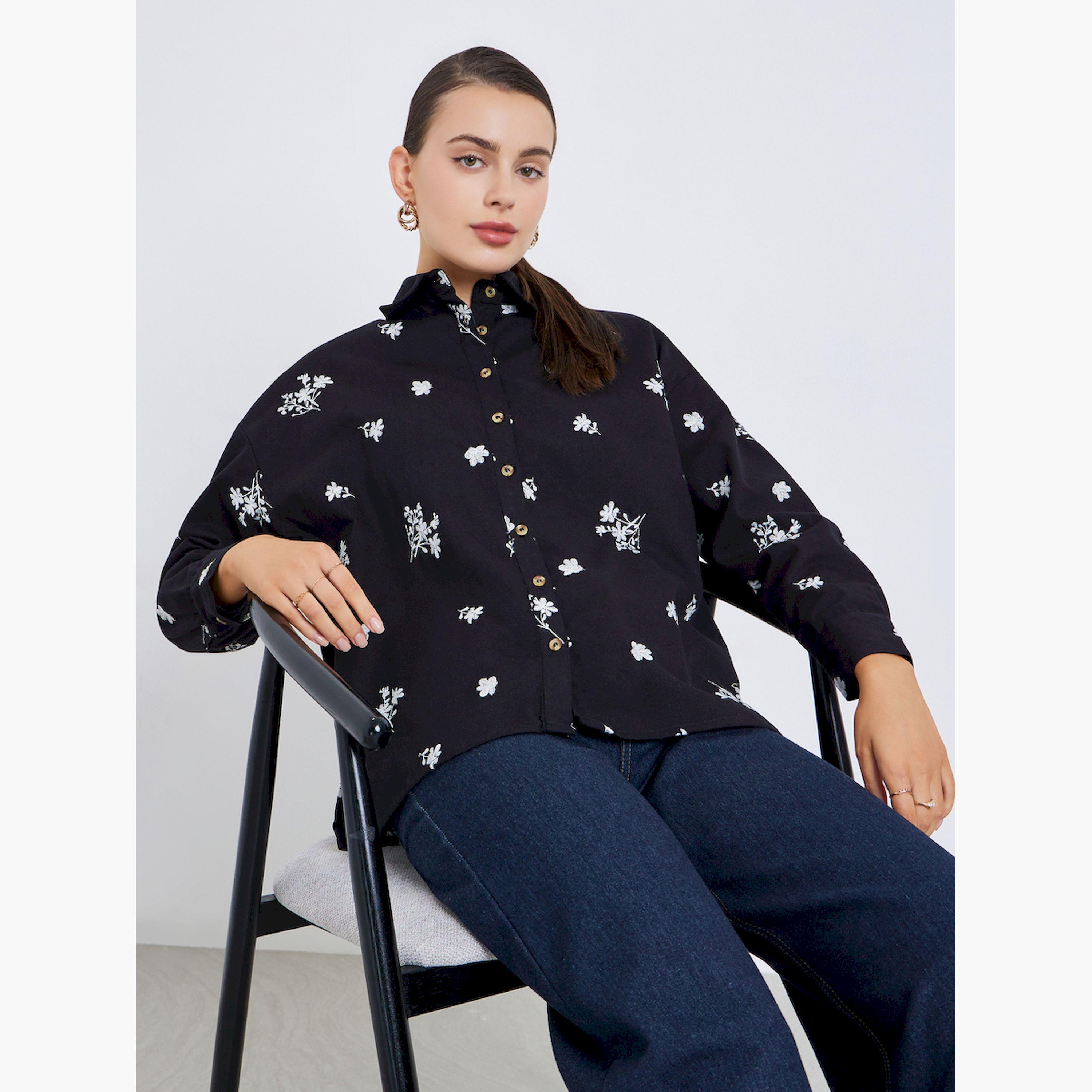 Styli Women Black Floral Embroidered Shirt-women-clothing-shirtsandblouses-shirts-image-3