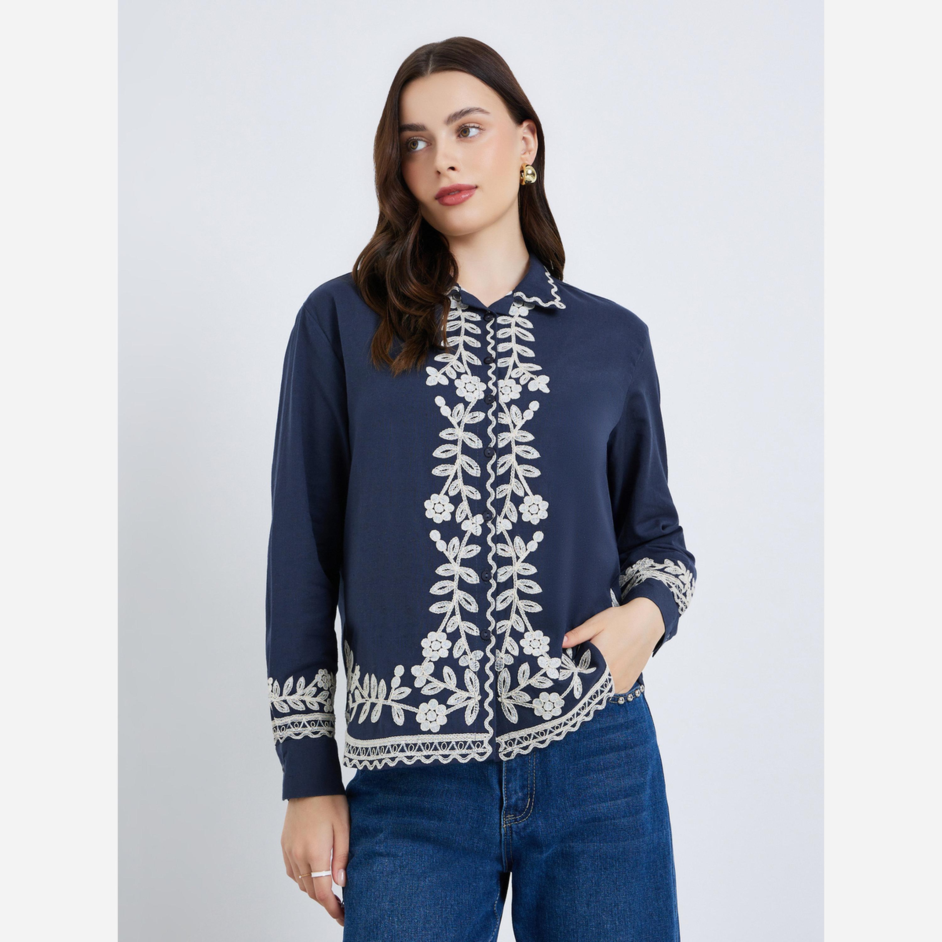 Styli Women Blue Embroidered Long Sleeve Shirt-women-clothing-shirtsandblouses-shirts-image-1