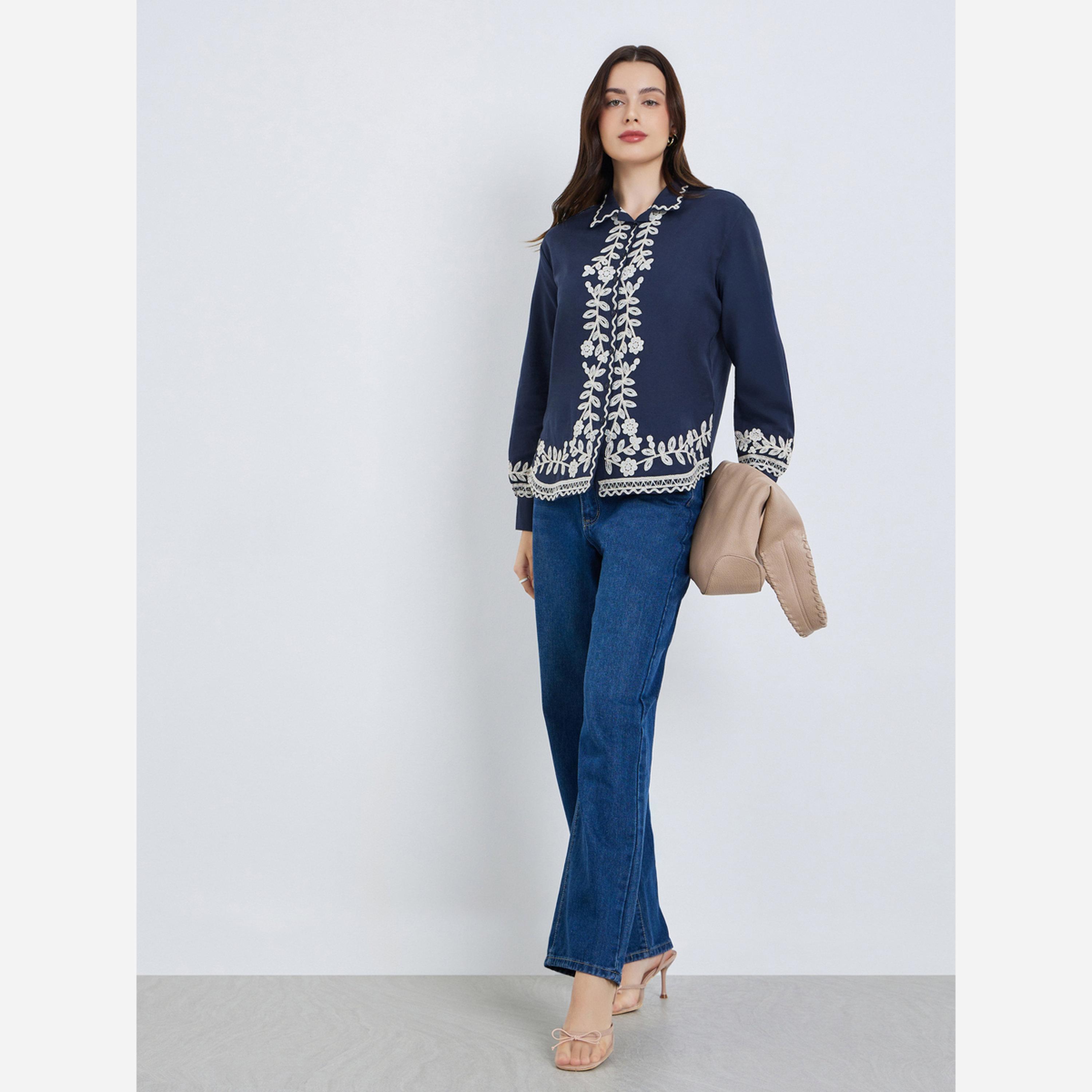Styli Women Blue Embroidered Long Sleeve Shirt-women-clothing-shirtsandblouses-shirts-image-2