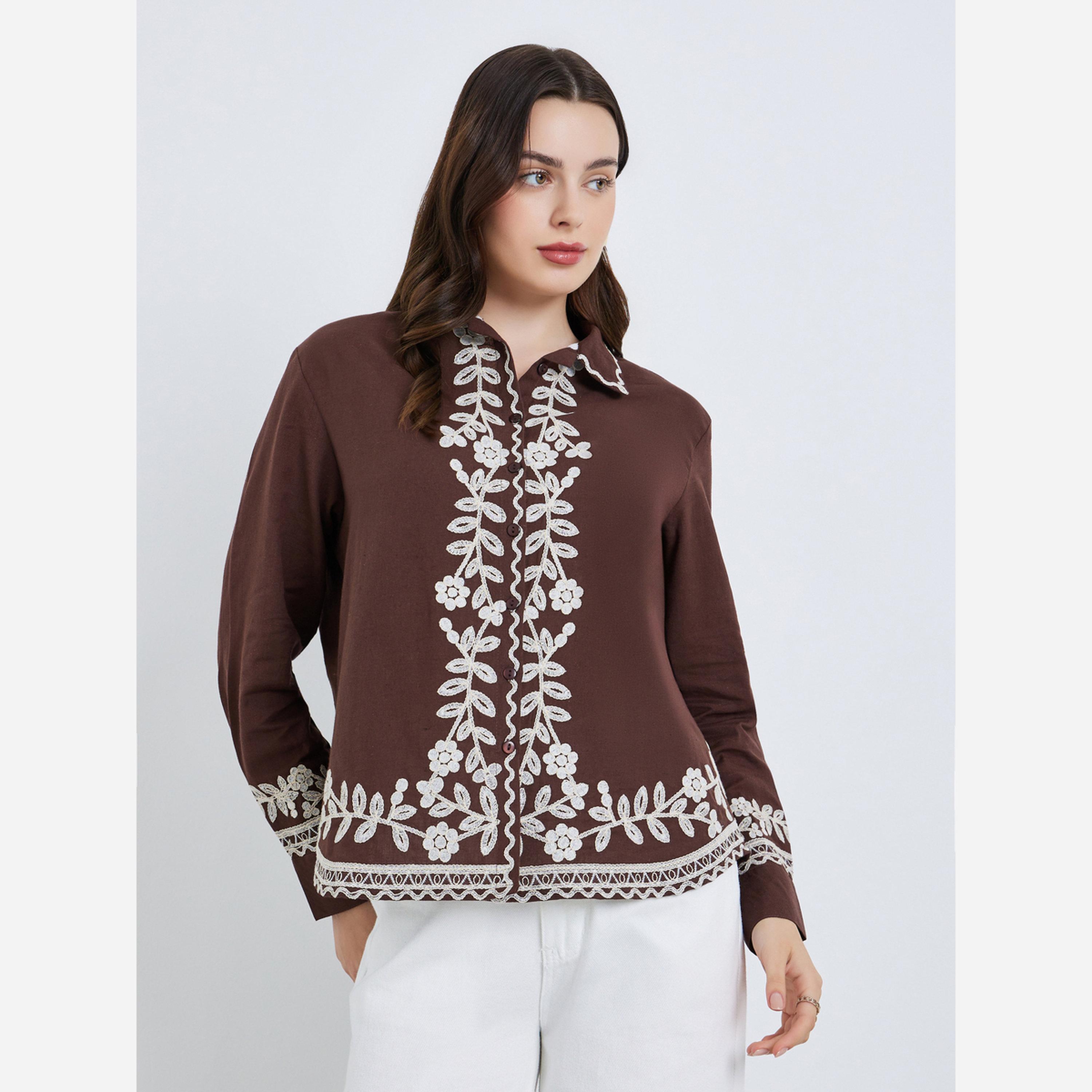 ستايلي - قميص نسائي لون بني مطرز أكمام طويلة-women-clothing-shirtsandblouses-shirts-image-1