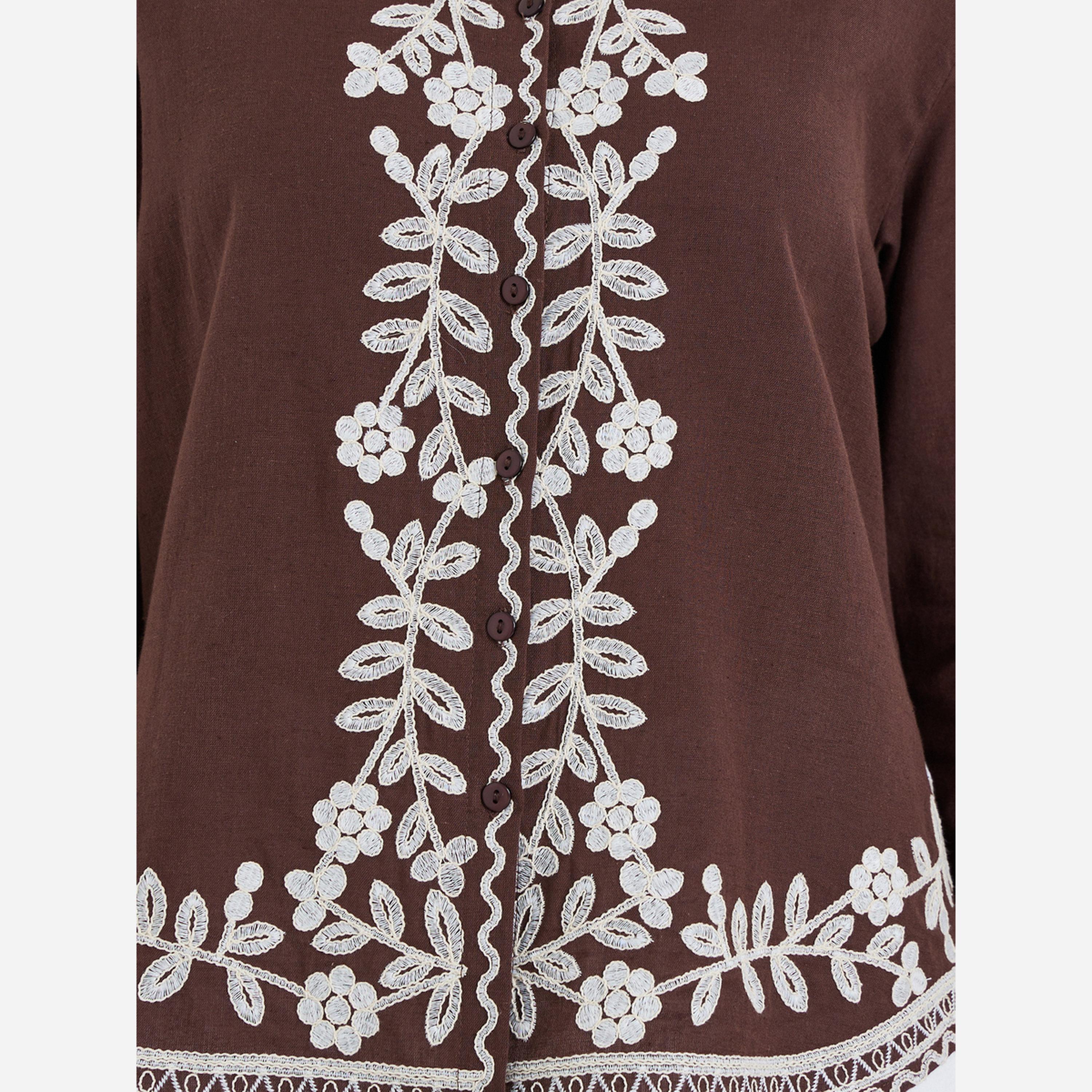 ستايلي - قميص نسائي لون بني مطرز أكمام طويلة-women-clothing-shirtsandblouses-shirts-image-3