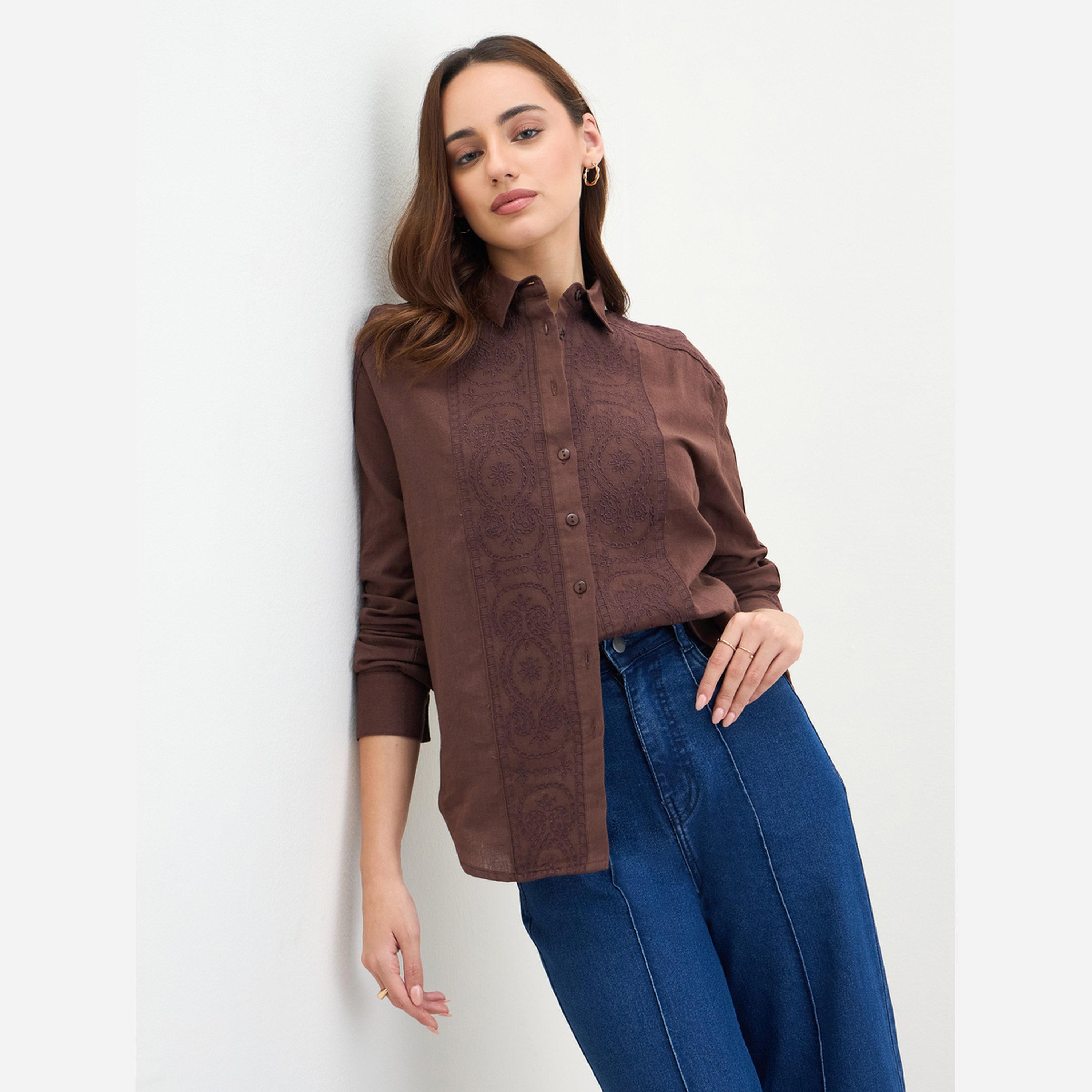 ستايلي - قميص بني مطرز أكمام طويلة-women-clothing-shirtsandblouses-shirts-image-1