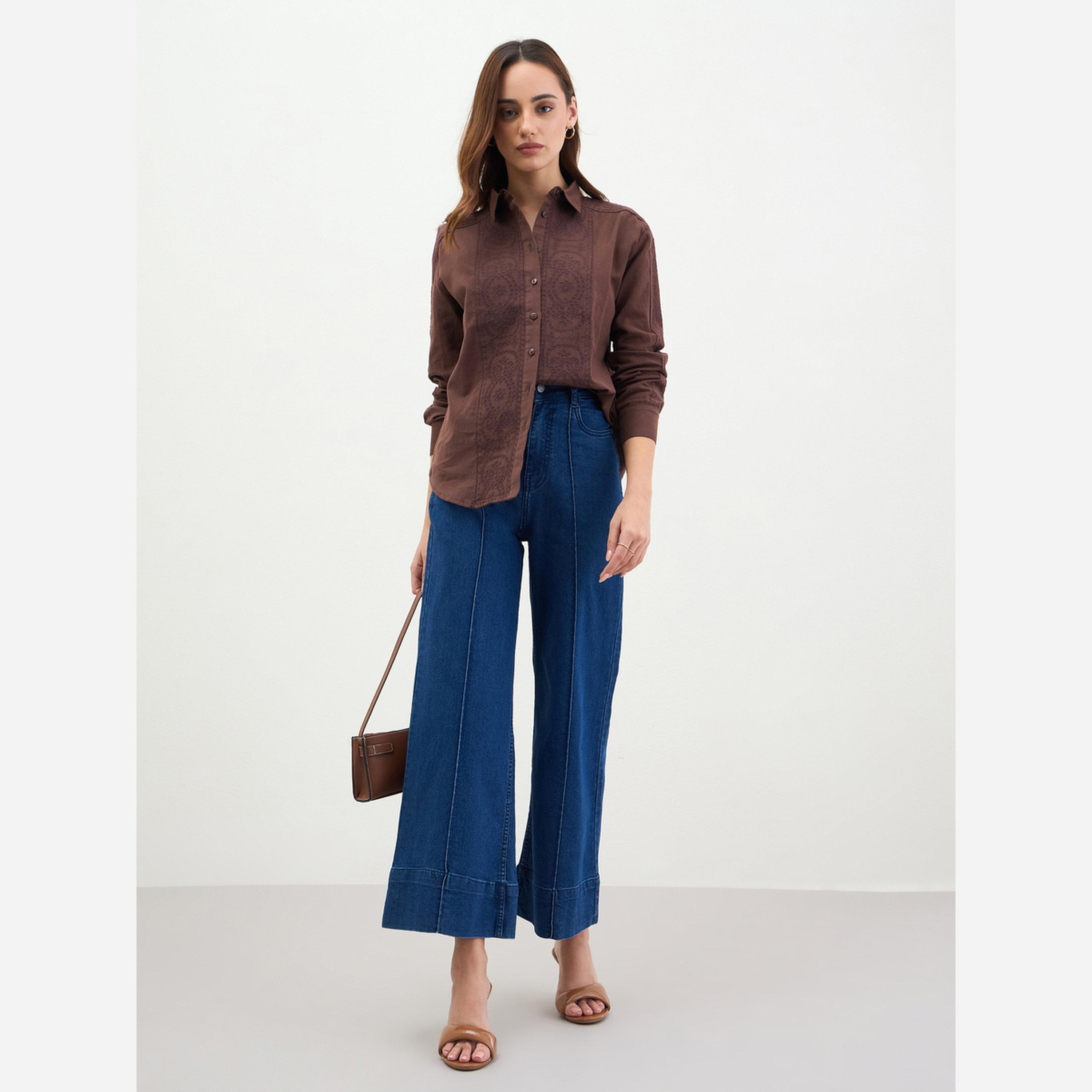 ستايلي - قميص بني مطرز أكمام طويلة-women-clothing-shirtsandblouses-shirts-image-2
