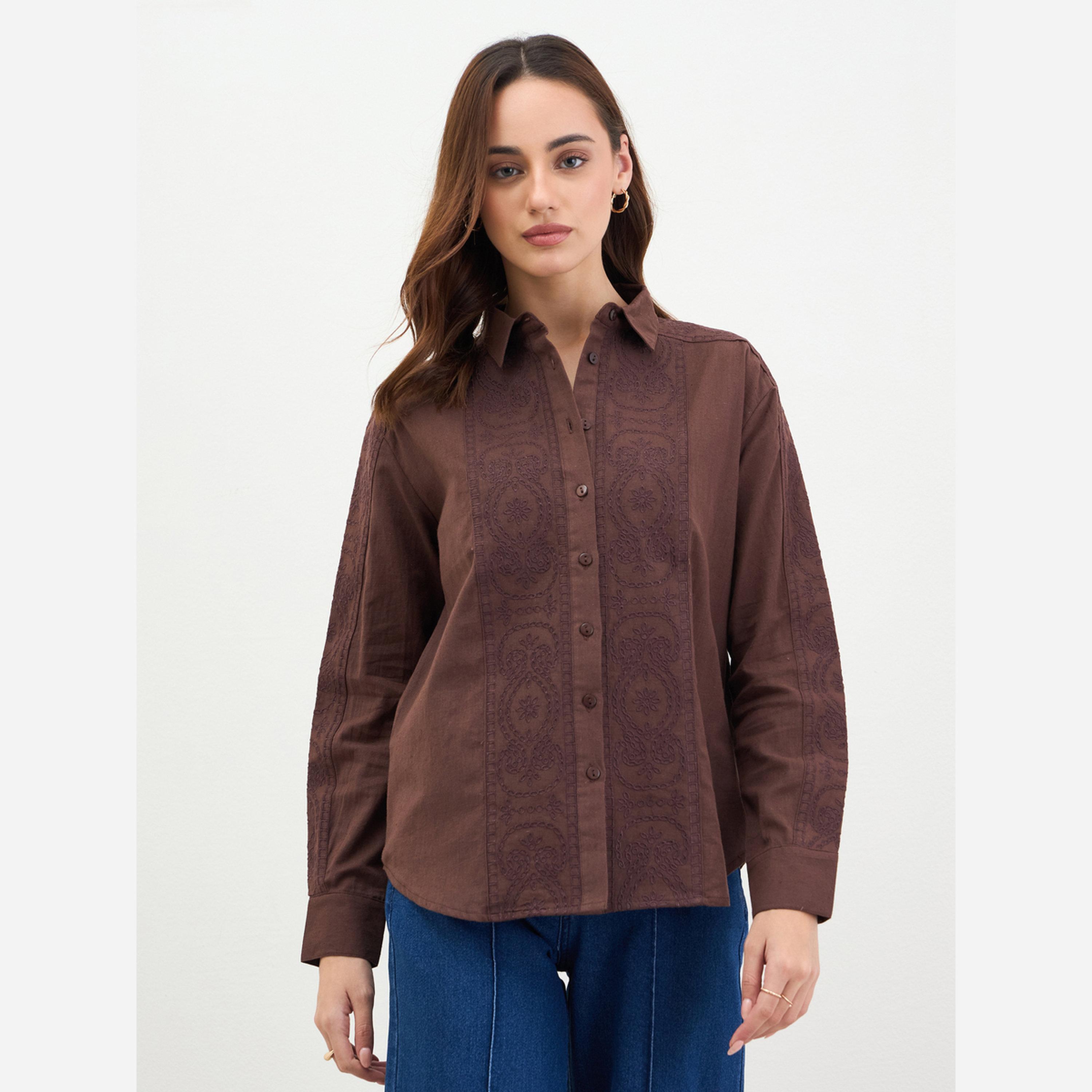 ستايلي - قميص بني مطرز أكمام طويلة-women-clothing-shirtsandblouses-shirts-image-3