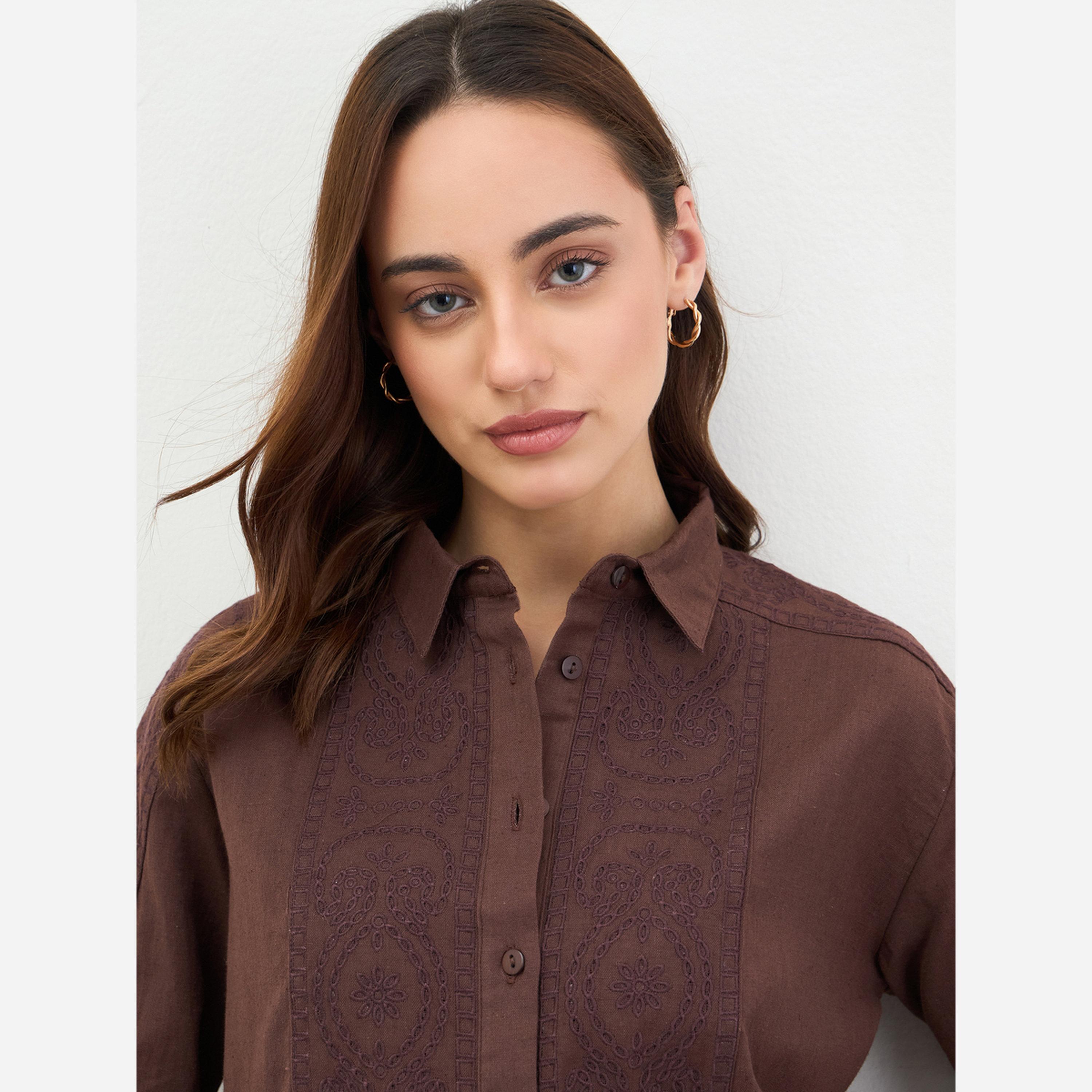 Styli Brown Embroidered Long Sleeve Shirt-women-clothing-shirtsandblouses-shirts-image-4