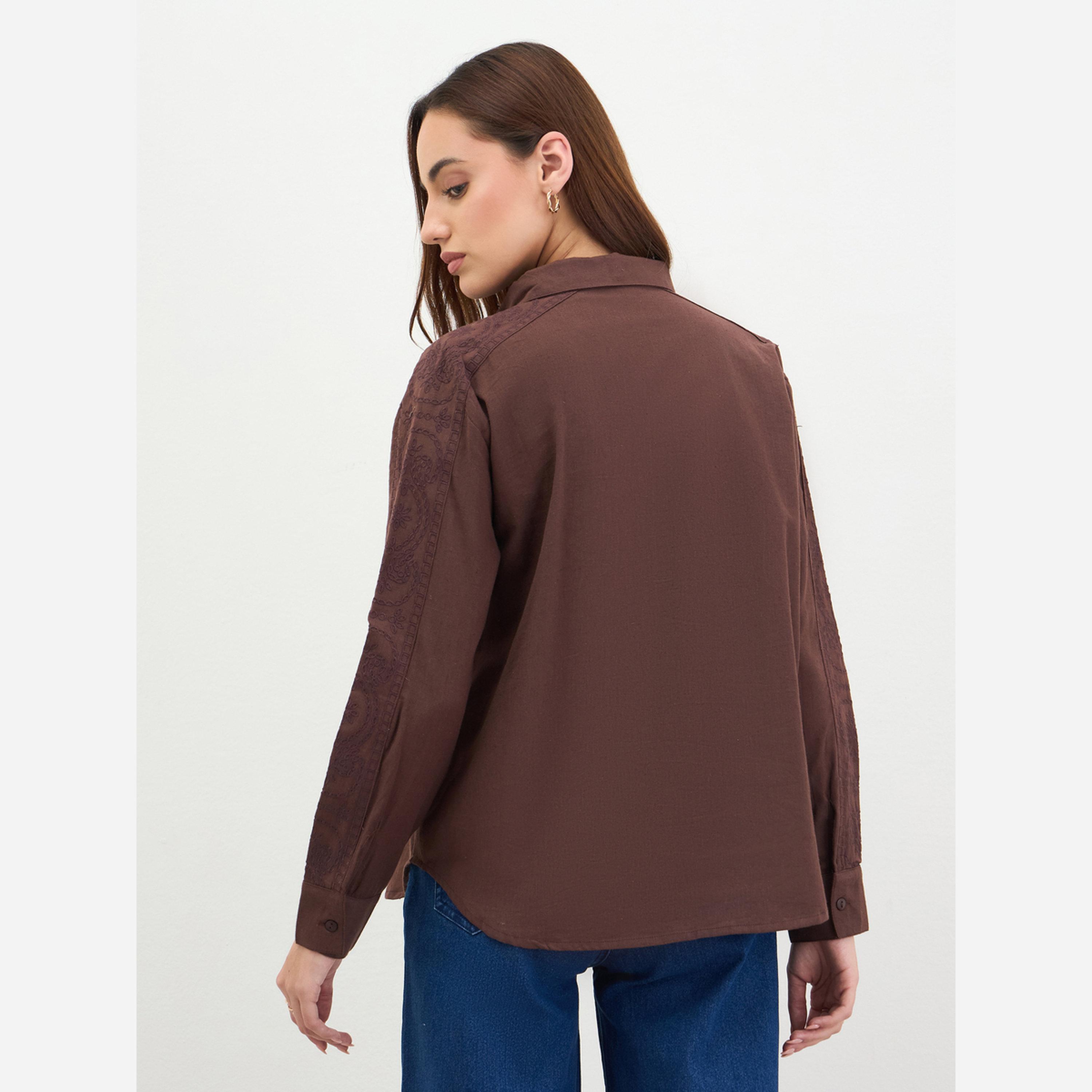 ستايلي - قميص بني مطرز أكمام طويلة-women-clothing-shirtsandblouses-shirts-image-5