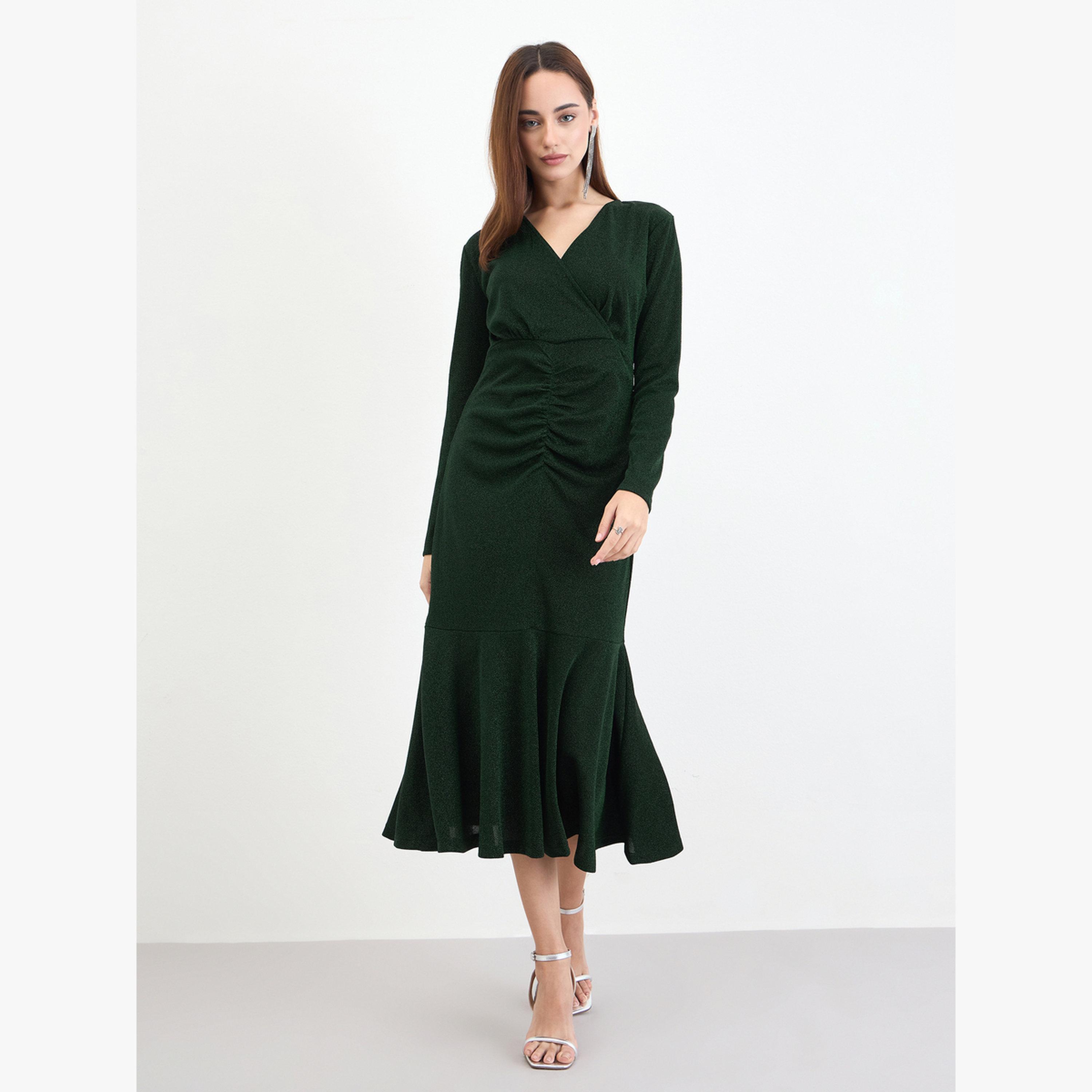 فستان ميدي بحافة بتصميم ذيل السمكة-women-clothing-dresses-image-2