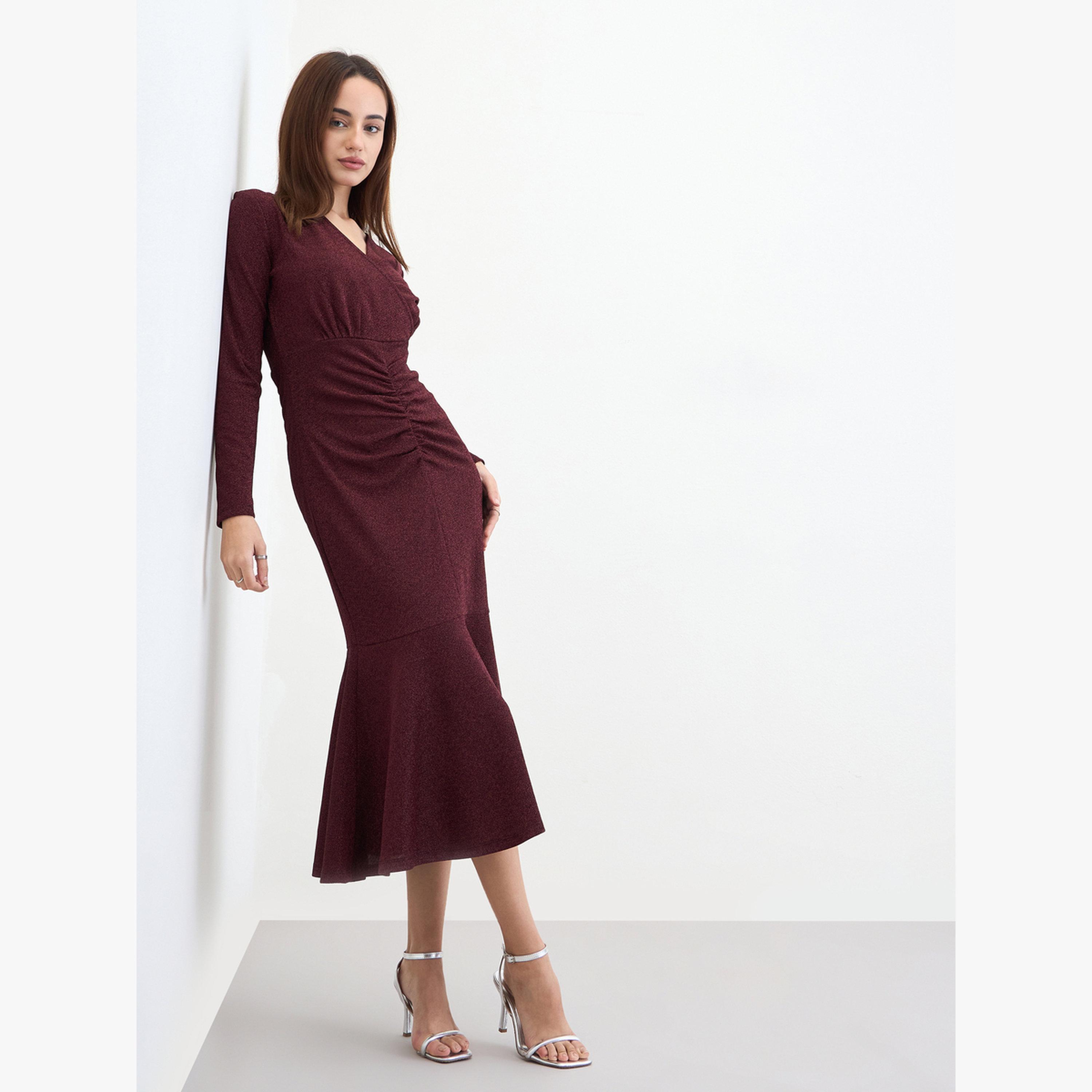 فستان ميدي مزموم بحافة حورية البحر-women-clothing-dresses-image-1