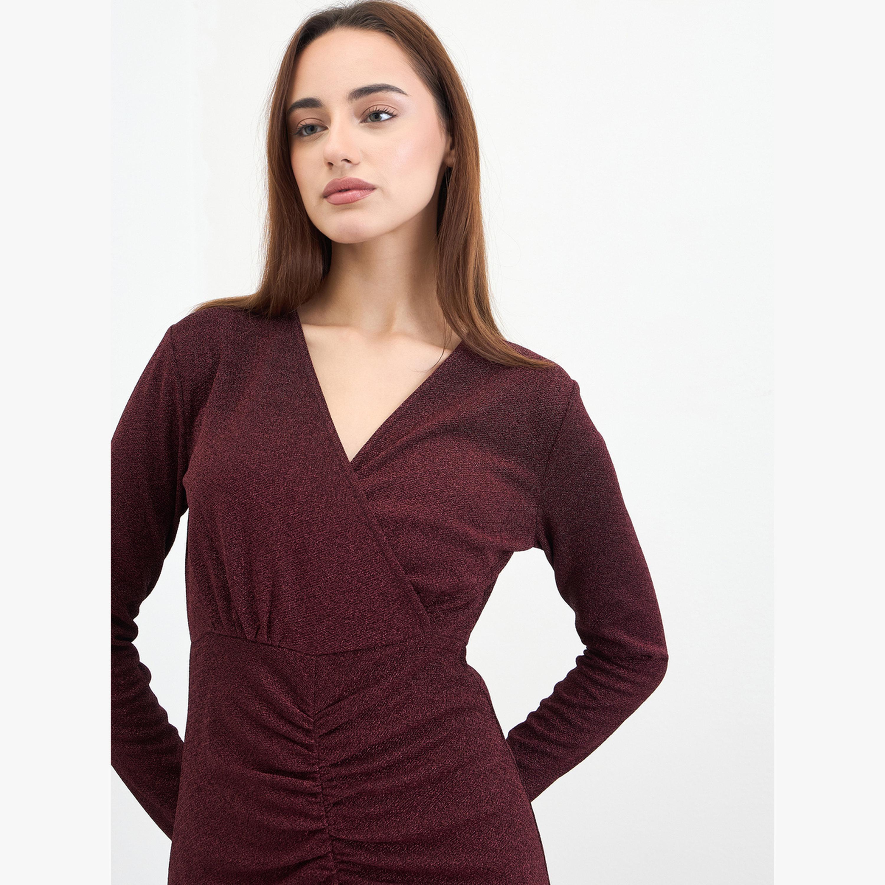 فستان ميدي مزموم بحافة حورية البحر-women-clothing-dresses-image-4