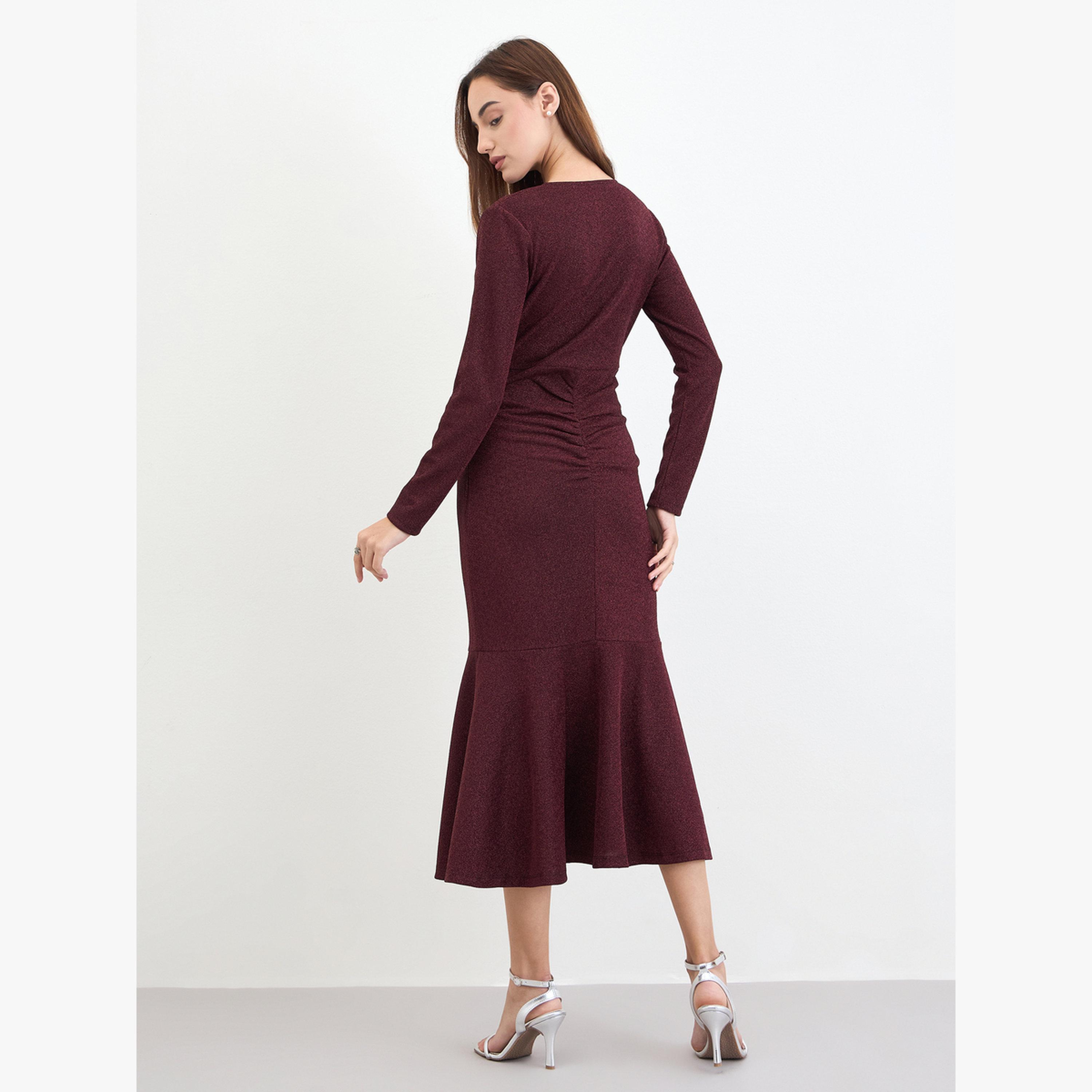 فستان ميدي مزموم بحافة حورية البحر-women-clothing-dresses-image-5