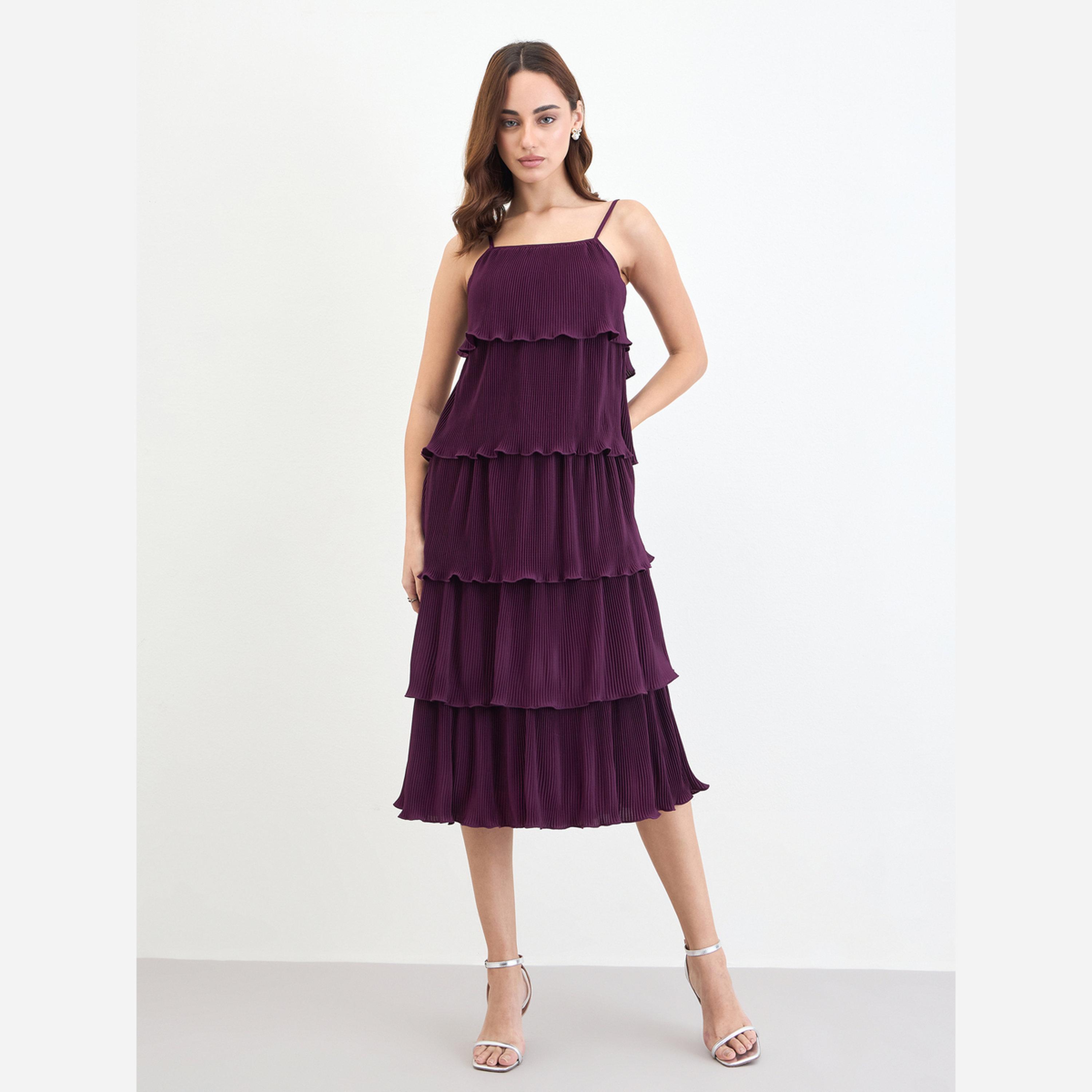 ستايلي - فستان متوسط الطول بدون أكمام متعدد الطبقات لون برغندي-women-clothing-dresses-image-1