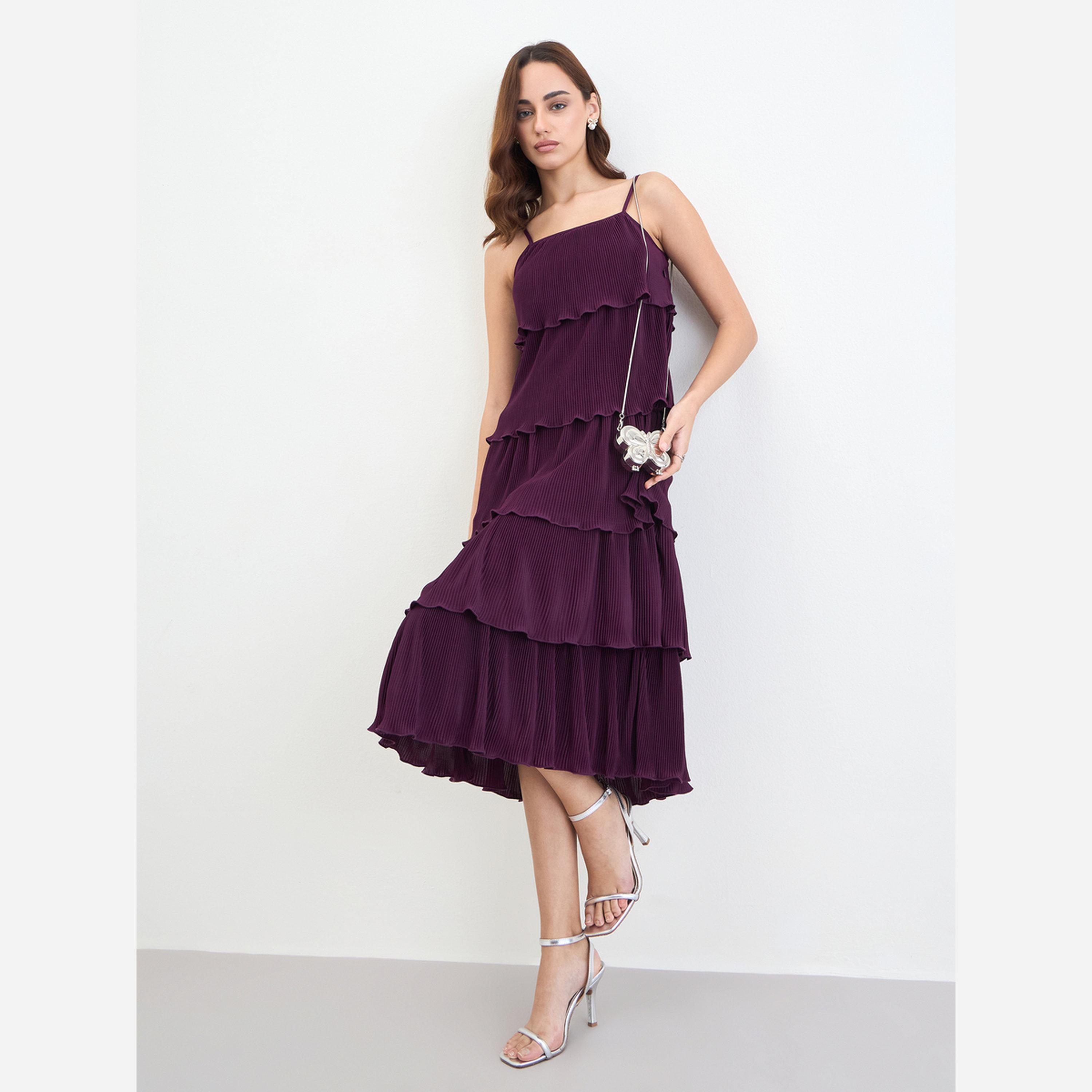 ستايلي - فستان متوسط الطول بدون أكمام متعدد الطبقات لون برغندي-women-clothing-dresses-image-2