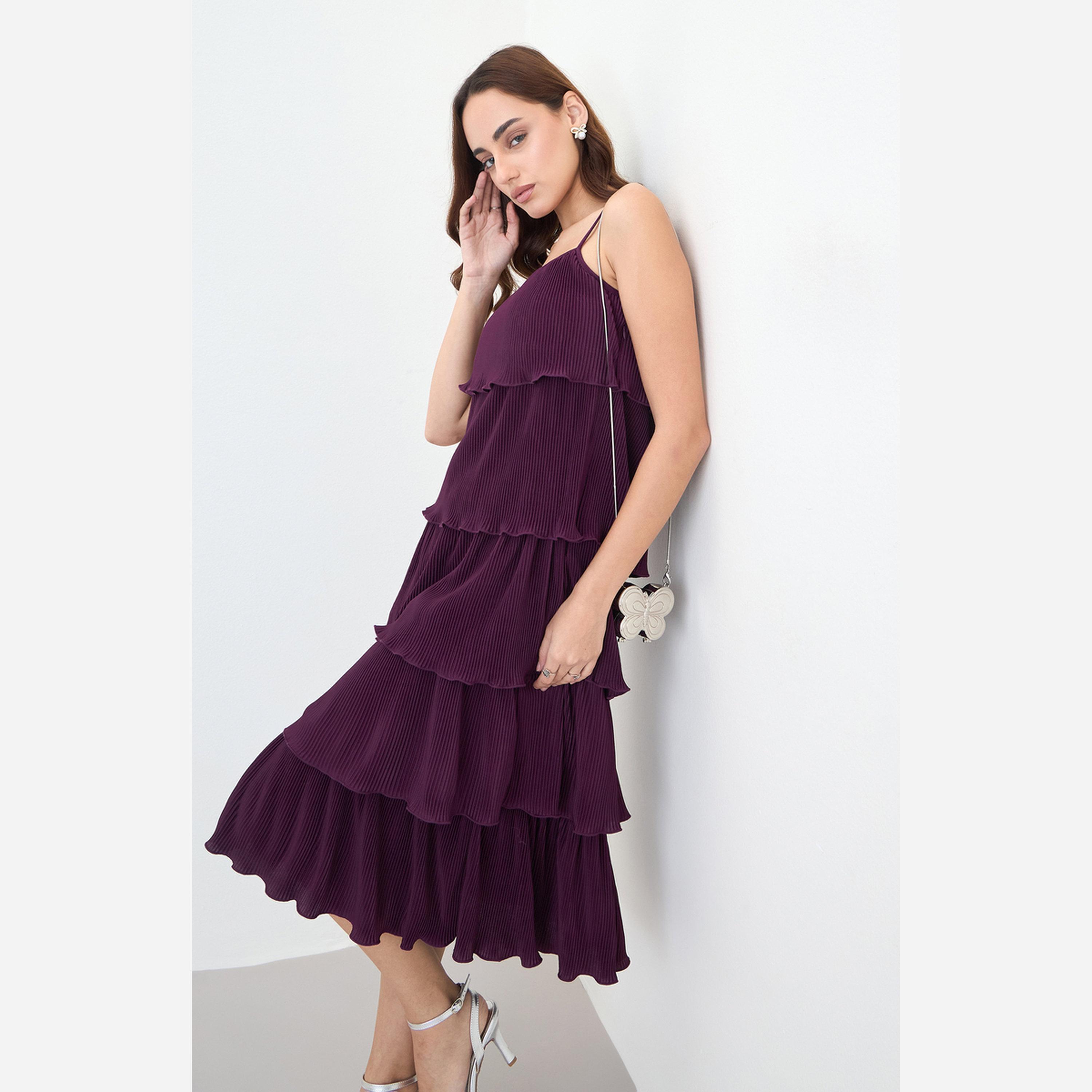 ستايلي - فستان متوسط الطول بدون أكمام متعدد الطبقات لون برغندي-women-clothing-dresses-image-3