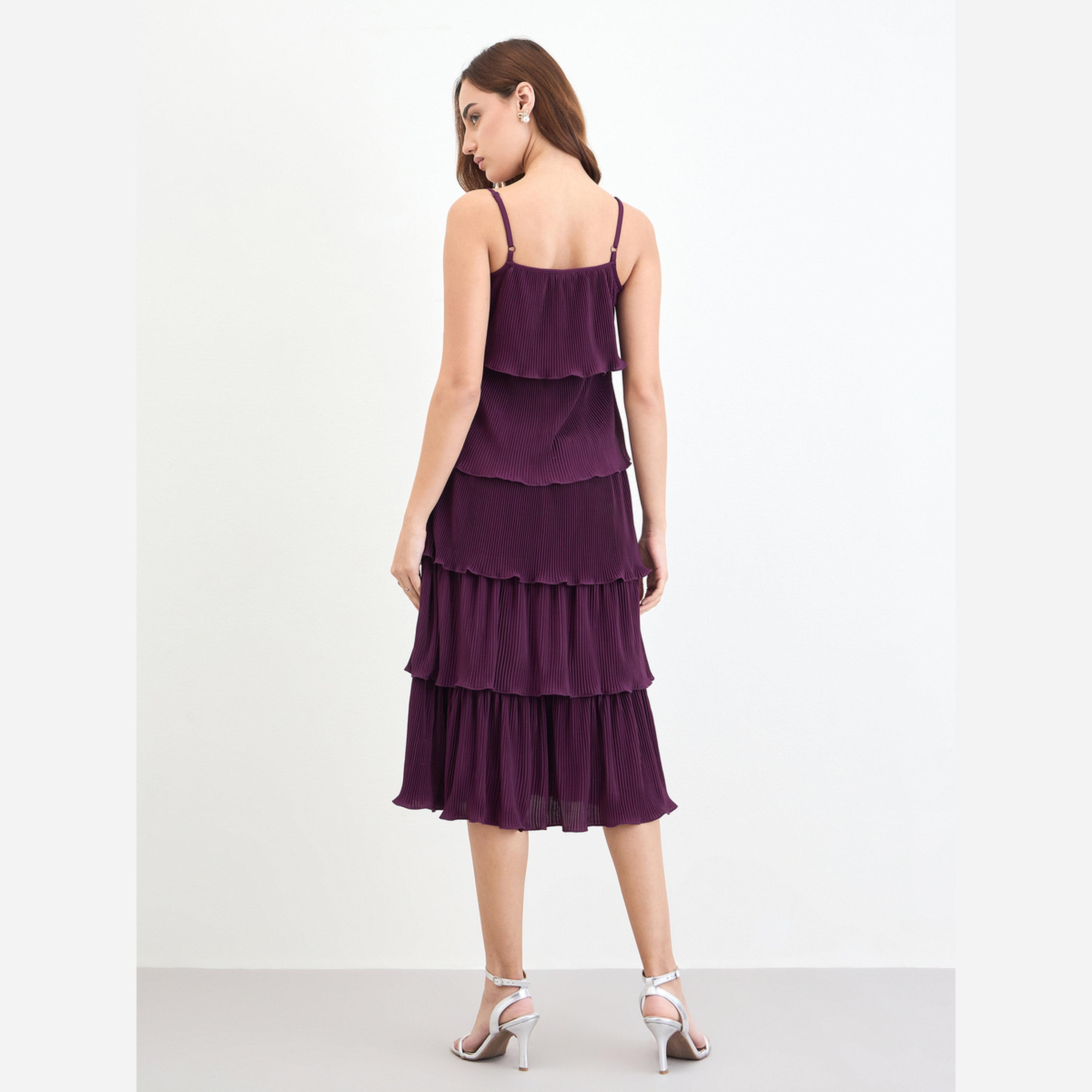 ستايلي - فستان متوسط الطول بدون أكمام متعدد الطبقات لون برغندي-women-clothing-dresses-image-4