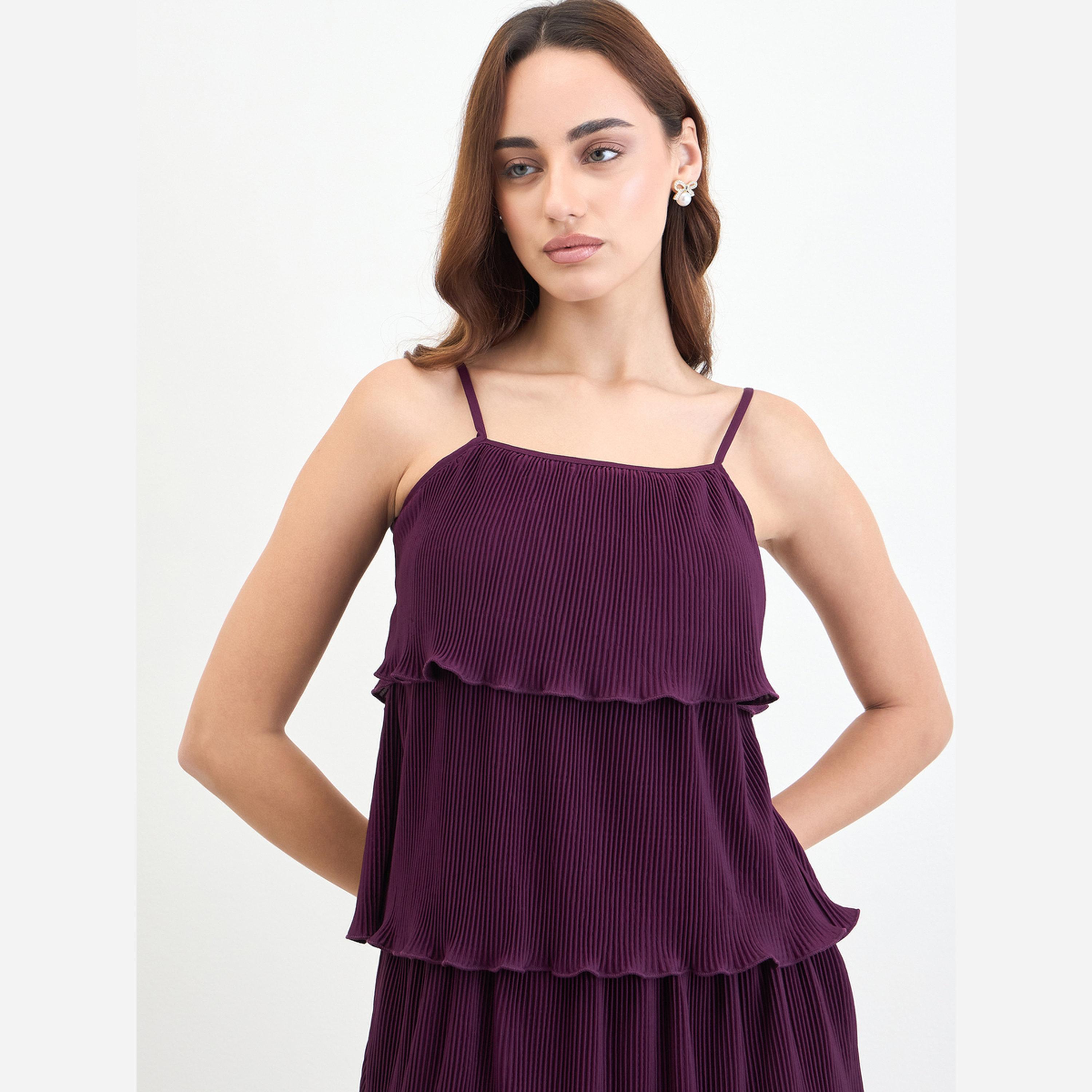 ستايلي - فستان متوسط الطول بدون أكمام متعدد الطبقات لون برغندي-women-clothing-dresses-image-5