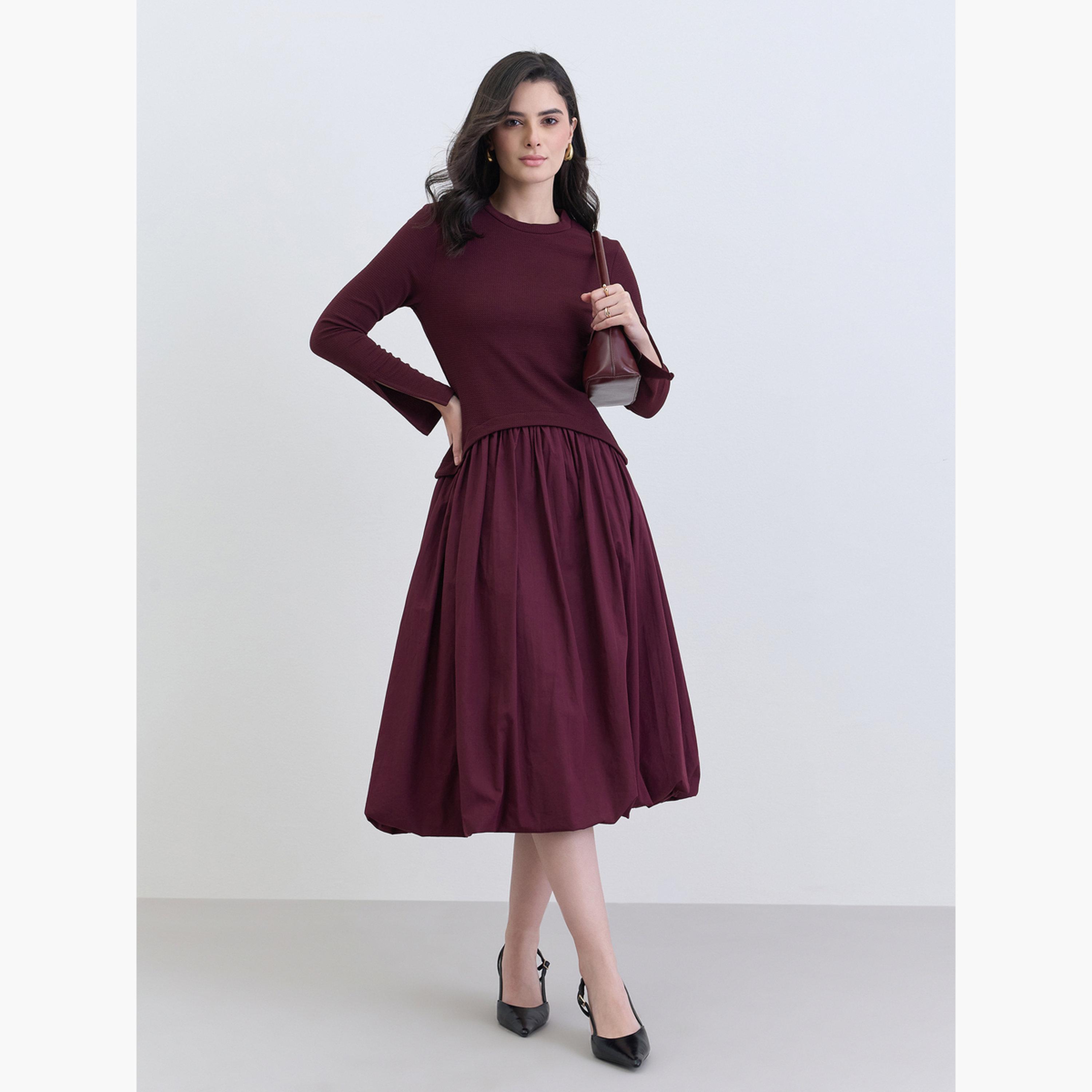 Styli Women Burgundy Long Sleeves A-Line Midi Dress-women-clothing-dresses-image-1