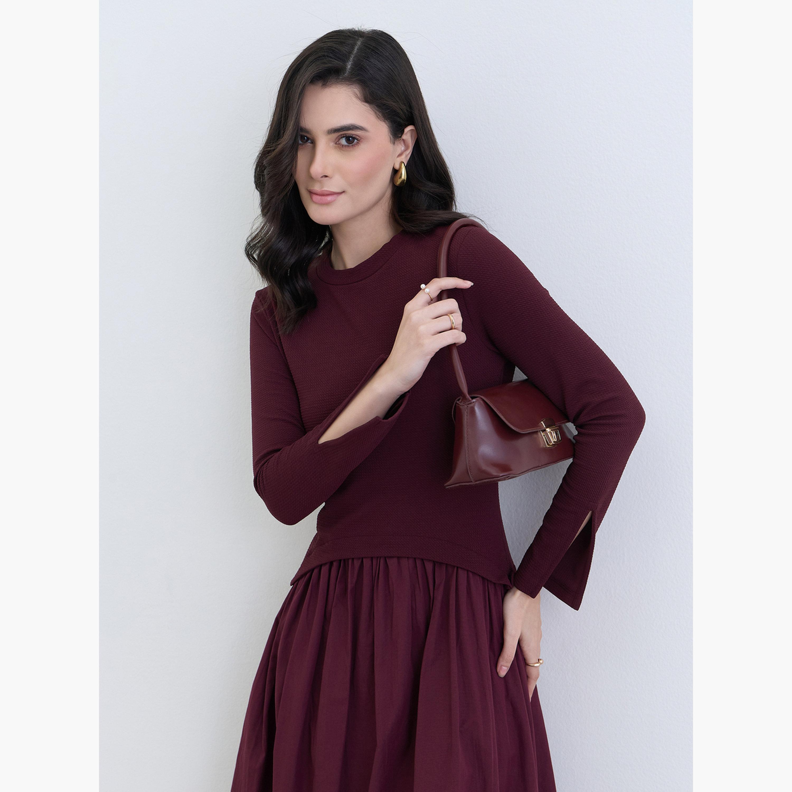 Styli Women Burgundy Long Sleeves A-Line Midi Dress-women-clothing-dresses-image-2