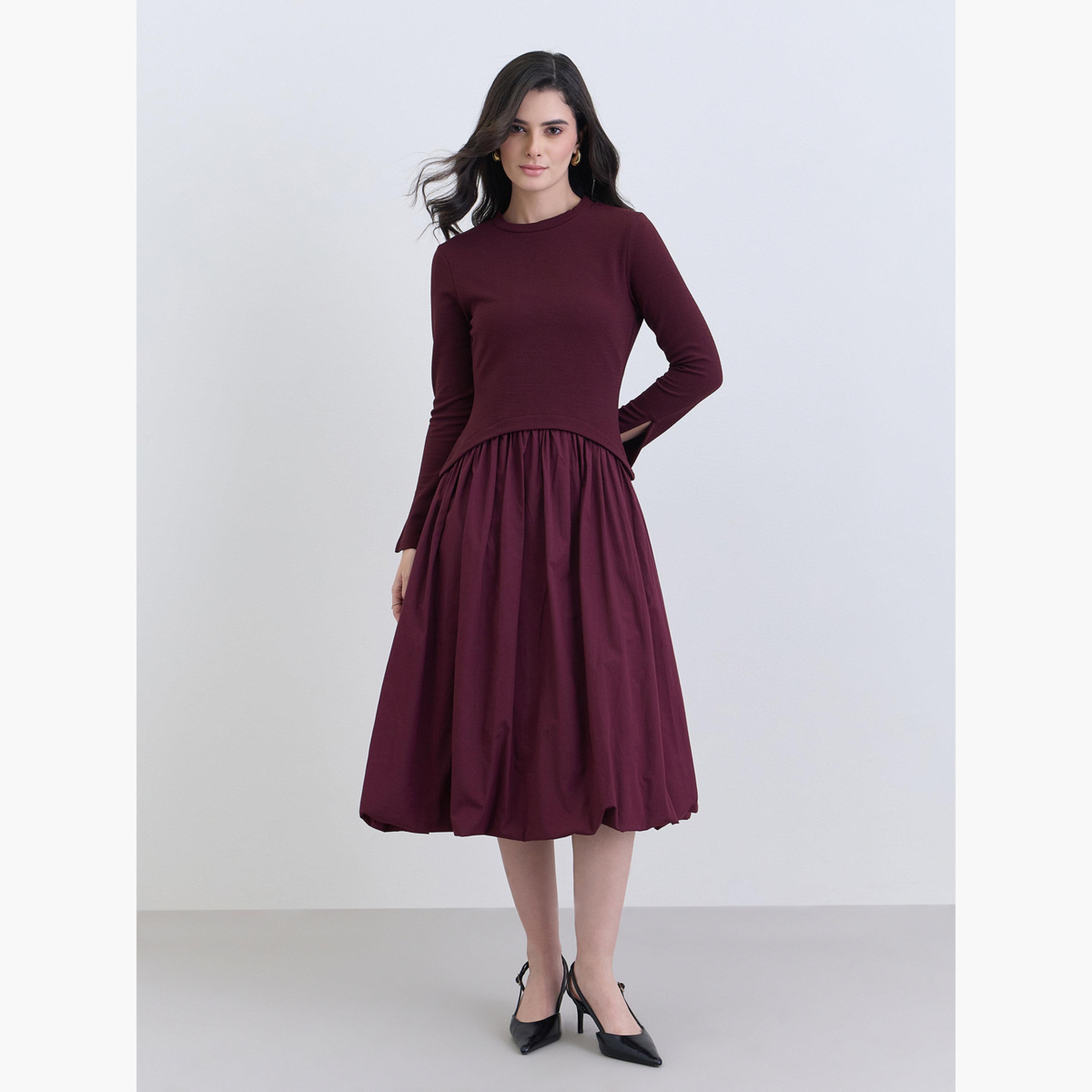 Styli Women Burgundy Long Sleeves A-Line Midi Dress-women-clothing-dresses-image-3