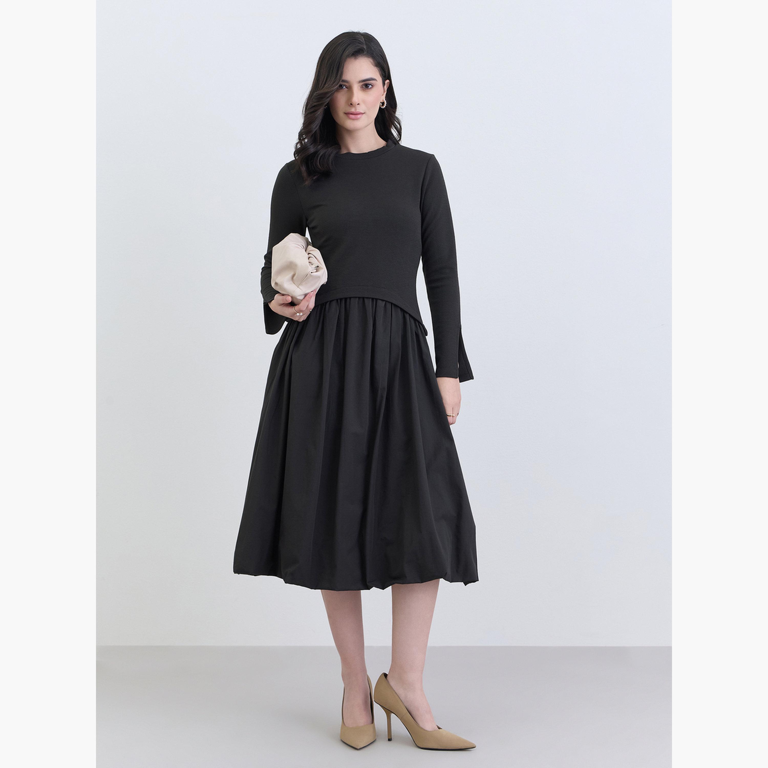 فستان ميدي بأكمام طويلة وتصميم واسع من الأسفل-women-clothing-dresses-image-1