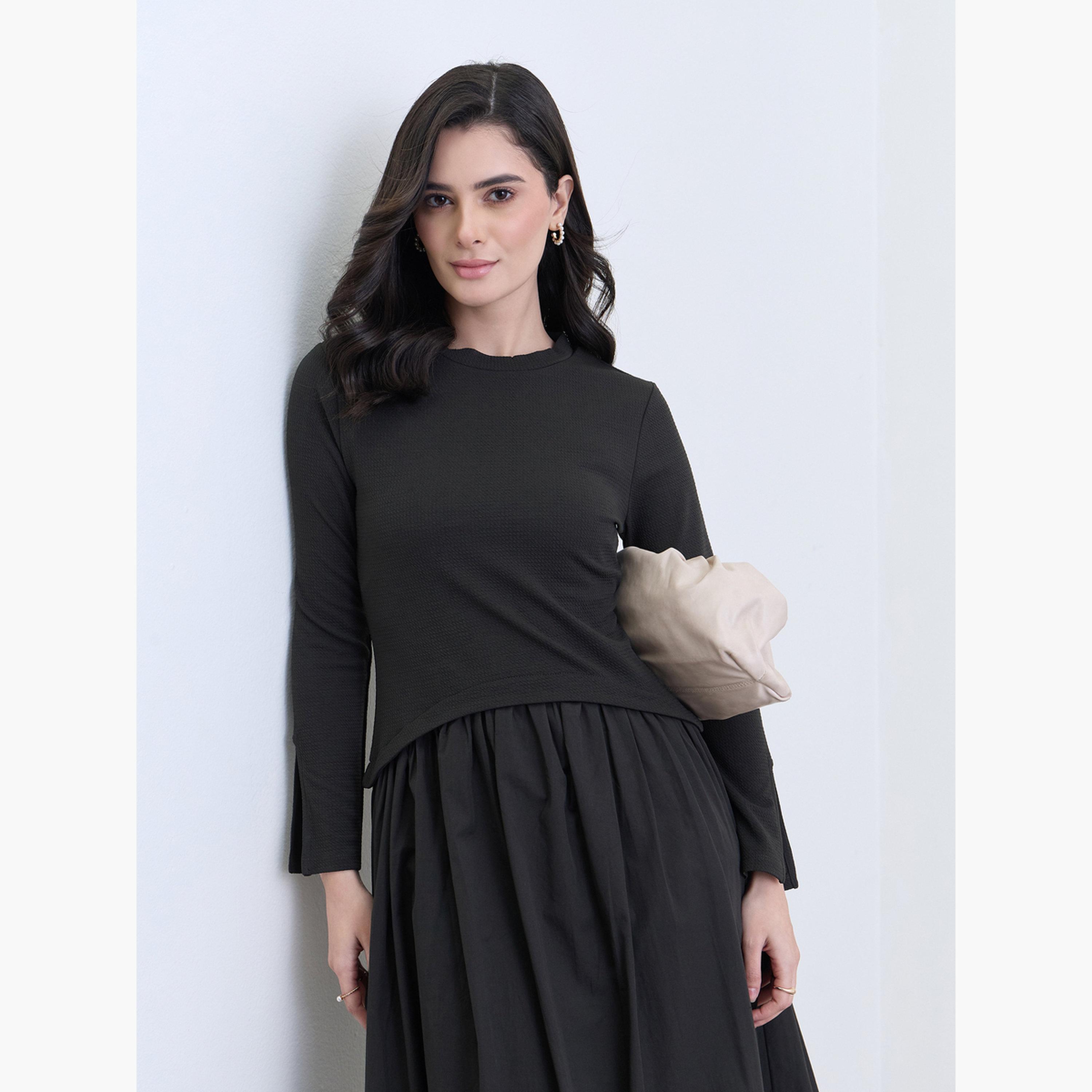 فستان ميدي بأكمام طويلة وتصميم واسع من الأسفل-women-clothing-dresses-image-2