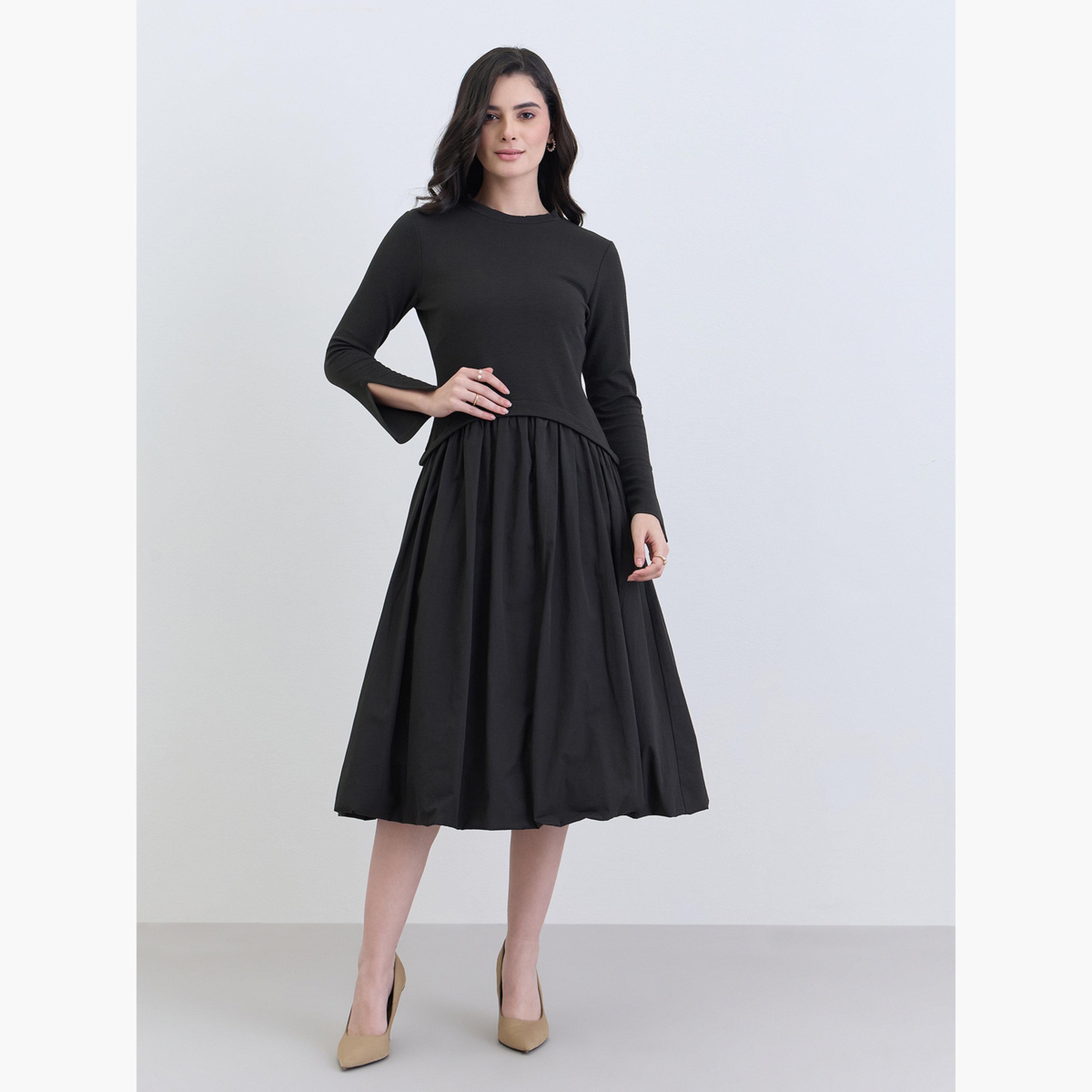 فستان ميدي بأكمام طويلة وتصميم واسع من الأسفل-women-clothing-dresses-image-3