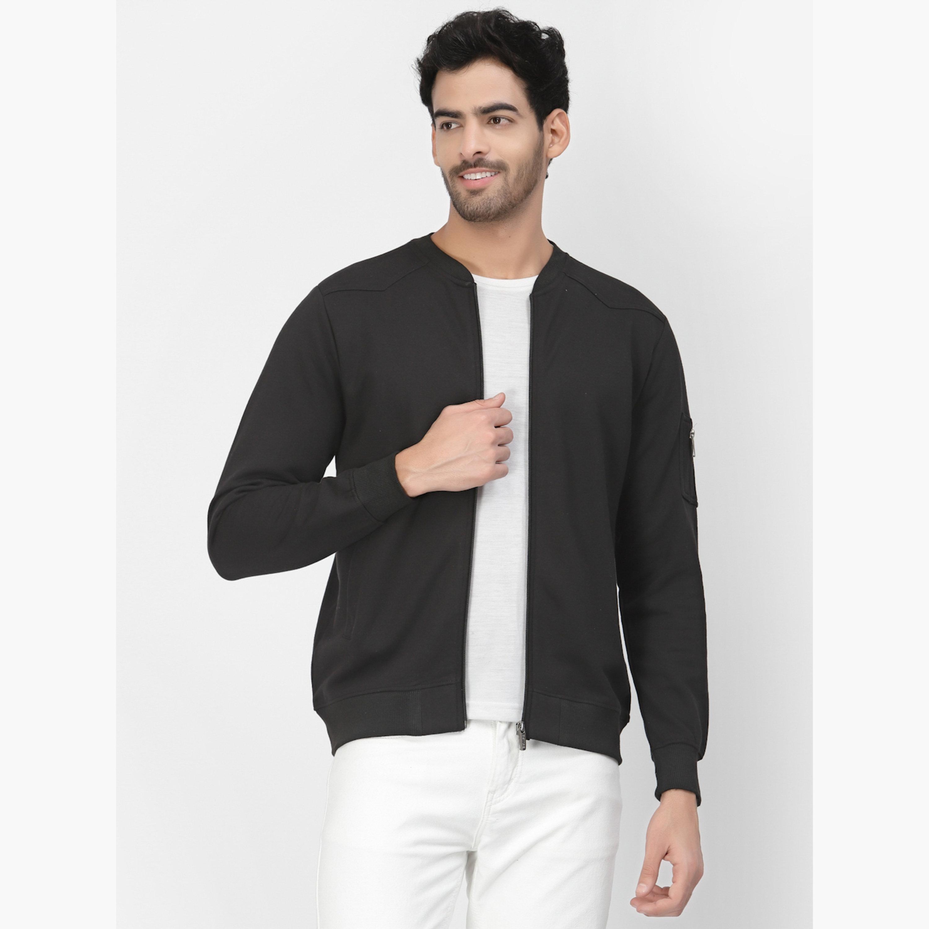 PAUSE Solid Round Neck Long Sleeves Men's Zip Through Sweatshirt-men-clothing-jacketsandblazers-jackets-image-1