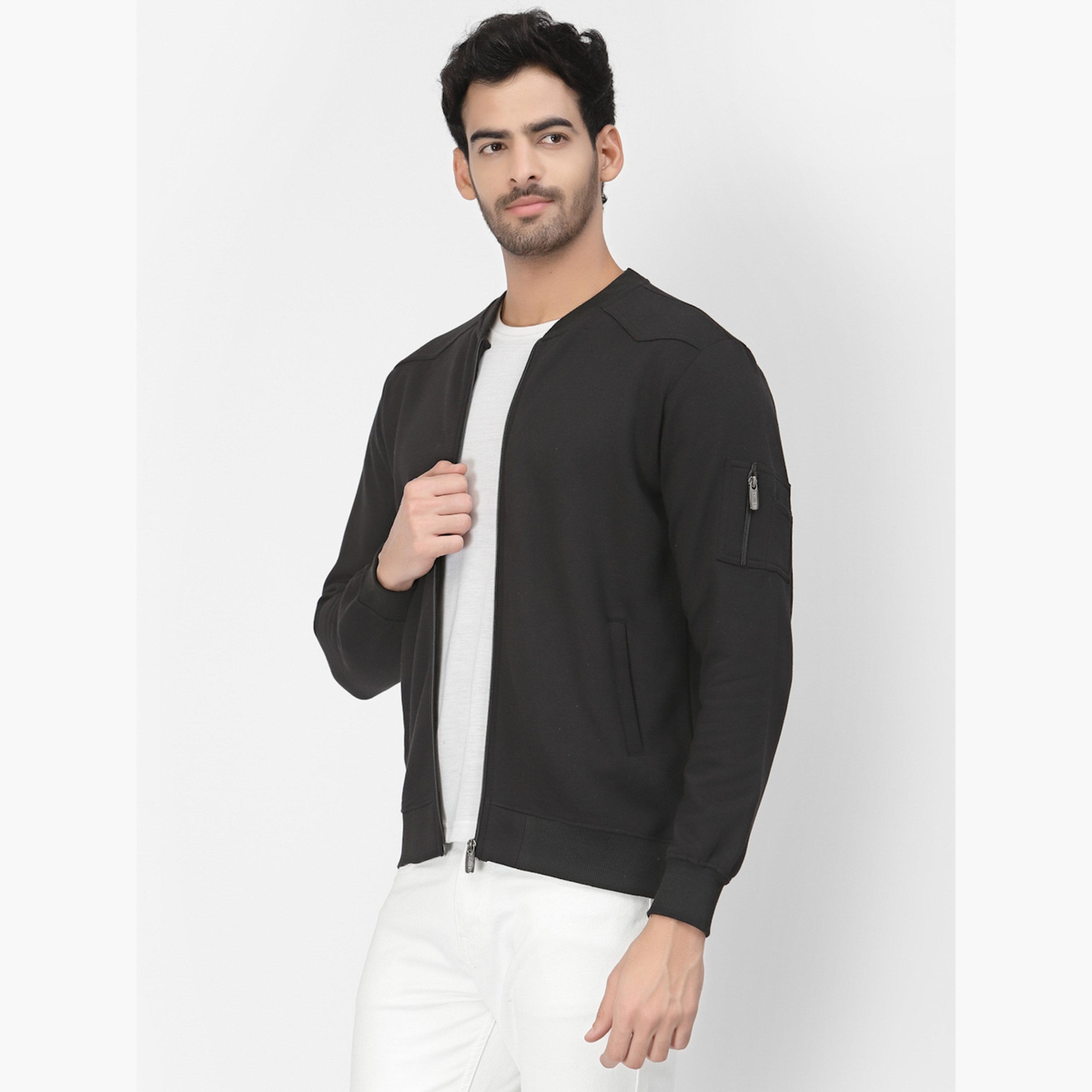 PAUSE Solid Round Neck Long Sleeves Men's Zip Through Sweatshirt-men-clothing-jacketsandblazers-jackets-image-3