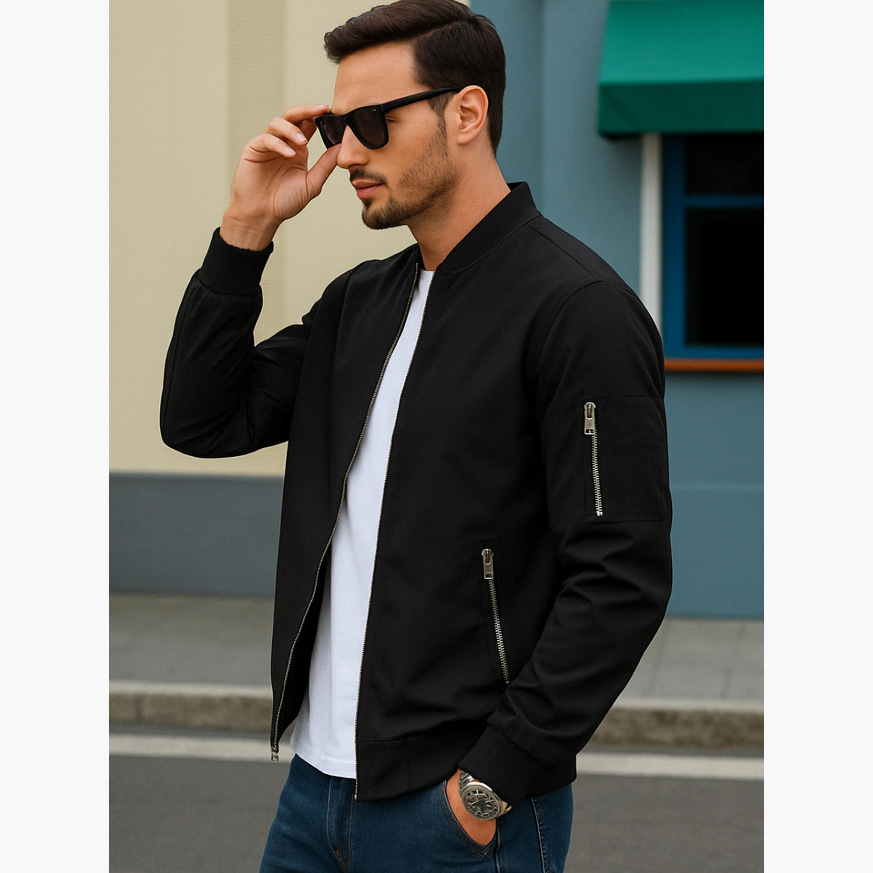 PAUSE Solid Round Neck Long Sleeves Men's Zip Through Sweatshirt-men-clothing-jacketsandblazers-jackets-image-2