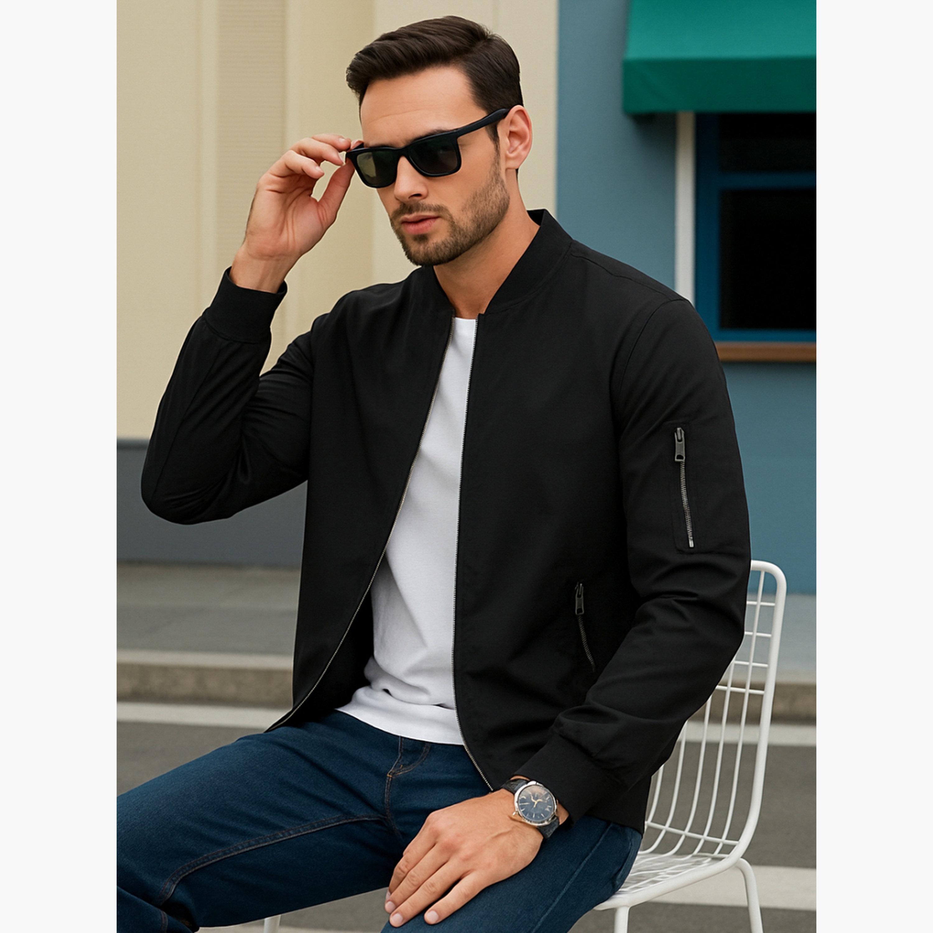 PAUSE Solid Round Neck Long Sleeves Men's Zip Through Sweatshirt-men-clothing-jacketsandblazers-jackets-image-4