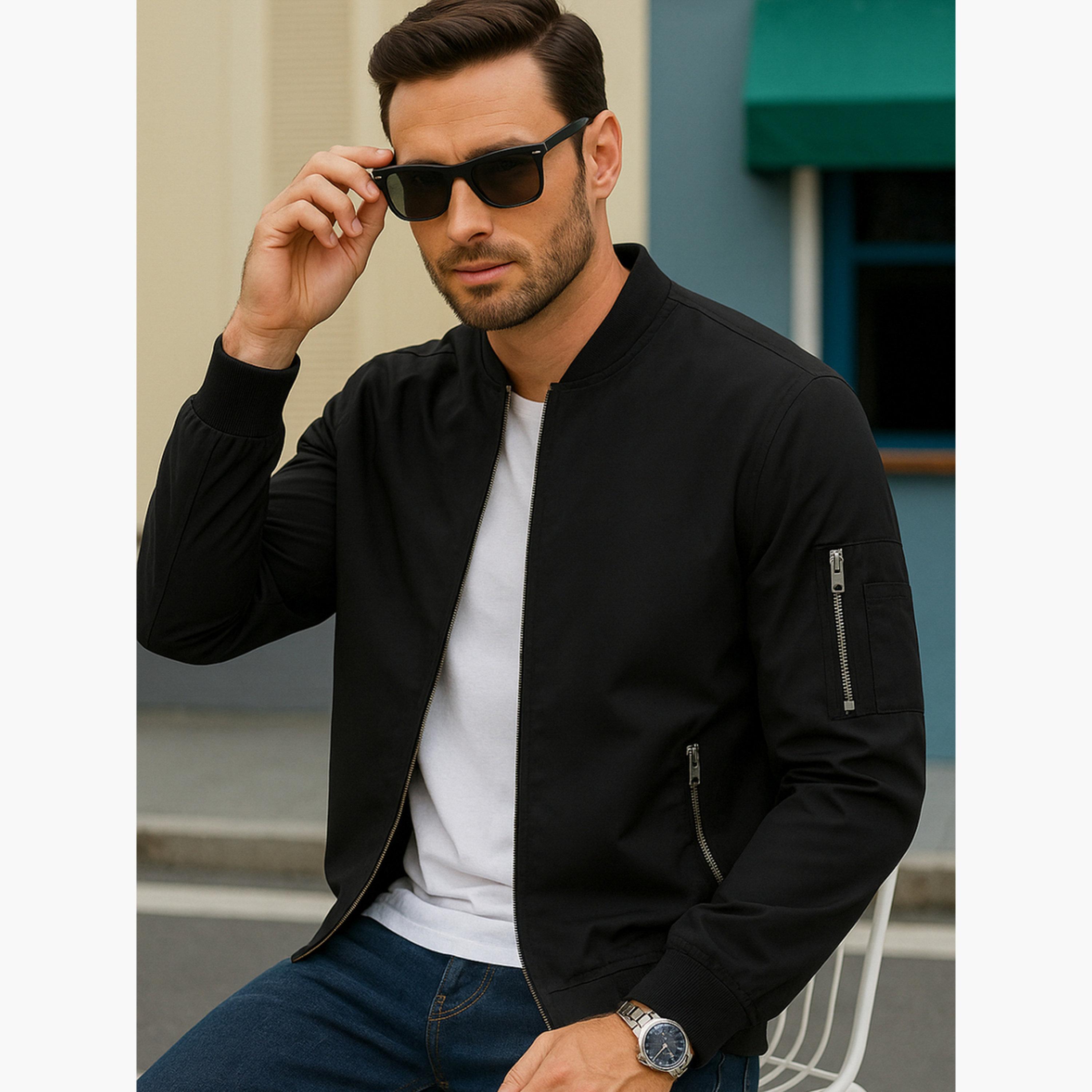 PAUSE Solid Round Neck Long Sleeves Men's Zip Through Sweatshirt-men-clothing-jacketsandblazers-jackets-image-5