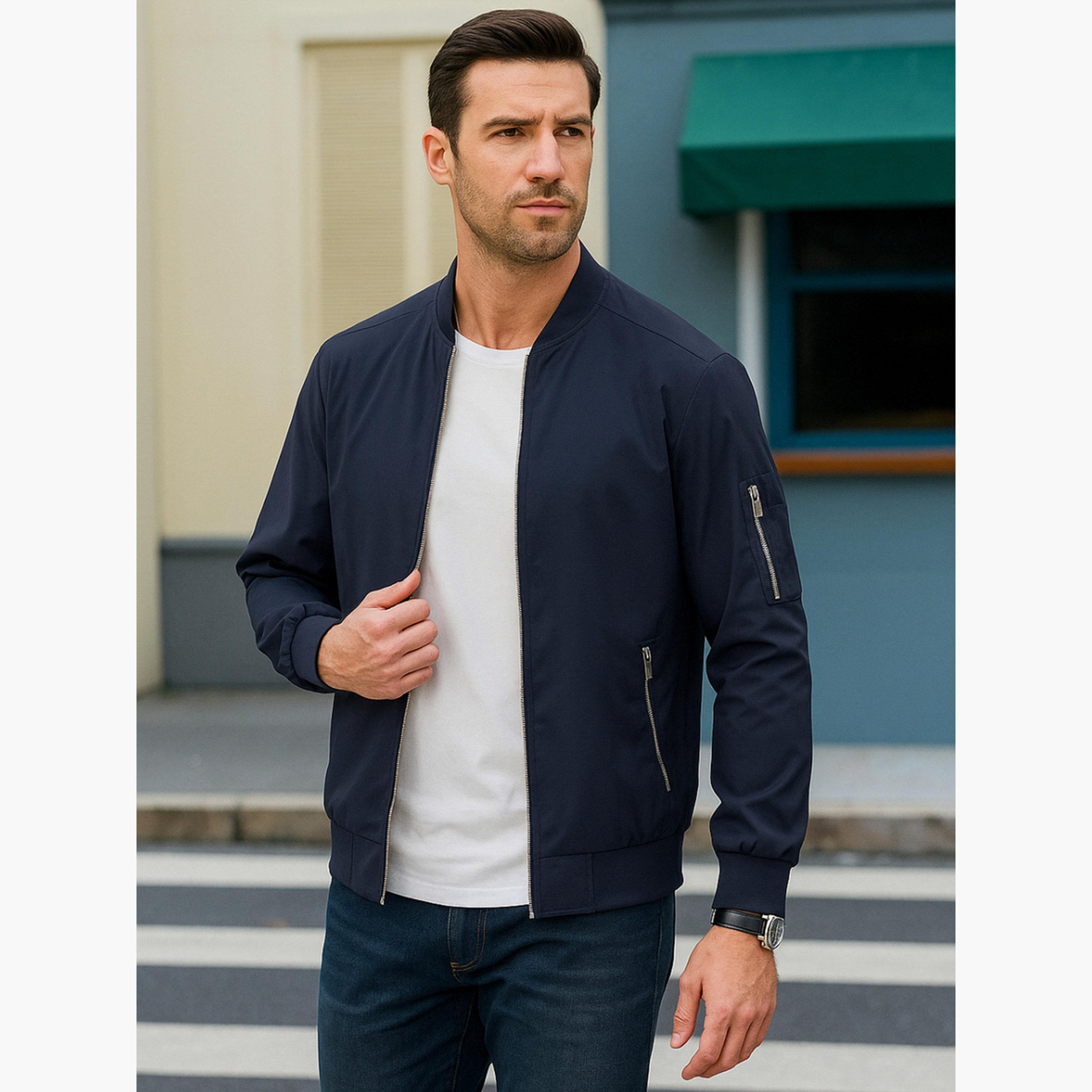PAUSE Solid Round Neck Long Sleeves Men's Zip Through Sweatshirt-men-clothing-jacketsandblazers-jackets-image-2