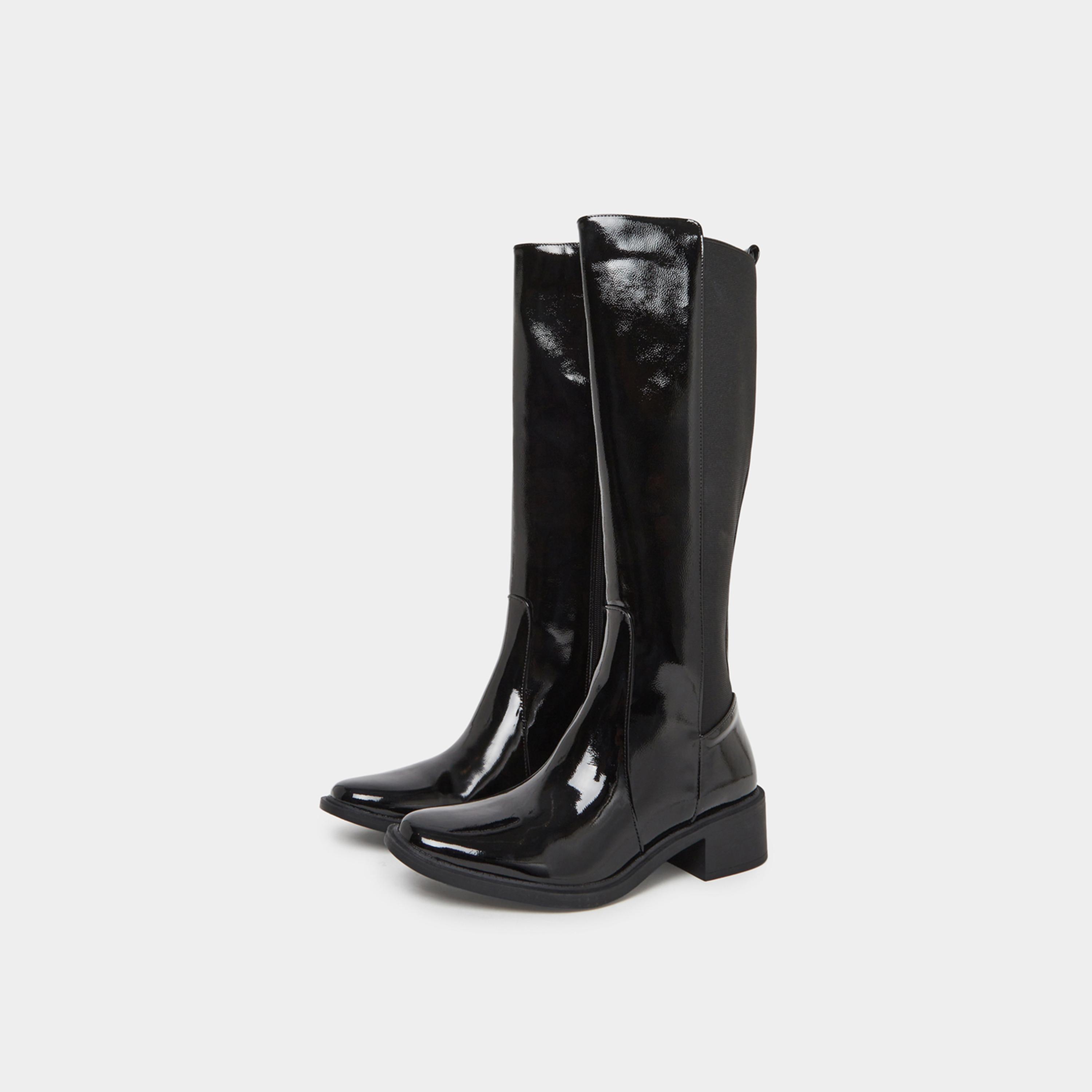 ستايلي - حذاء أسود لامع يصل إلى الركبة مع فتحة جانبية-women-shoes-boots-image-1