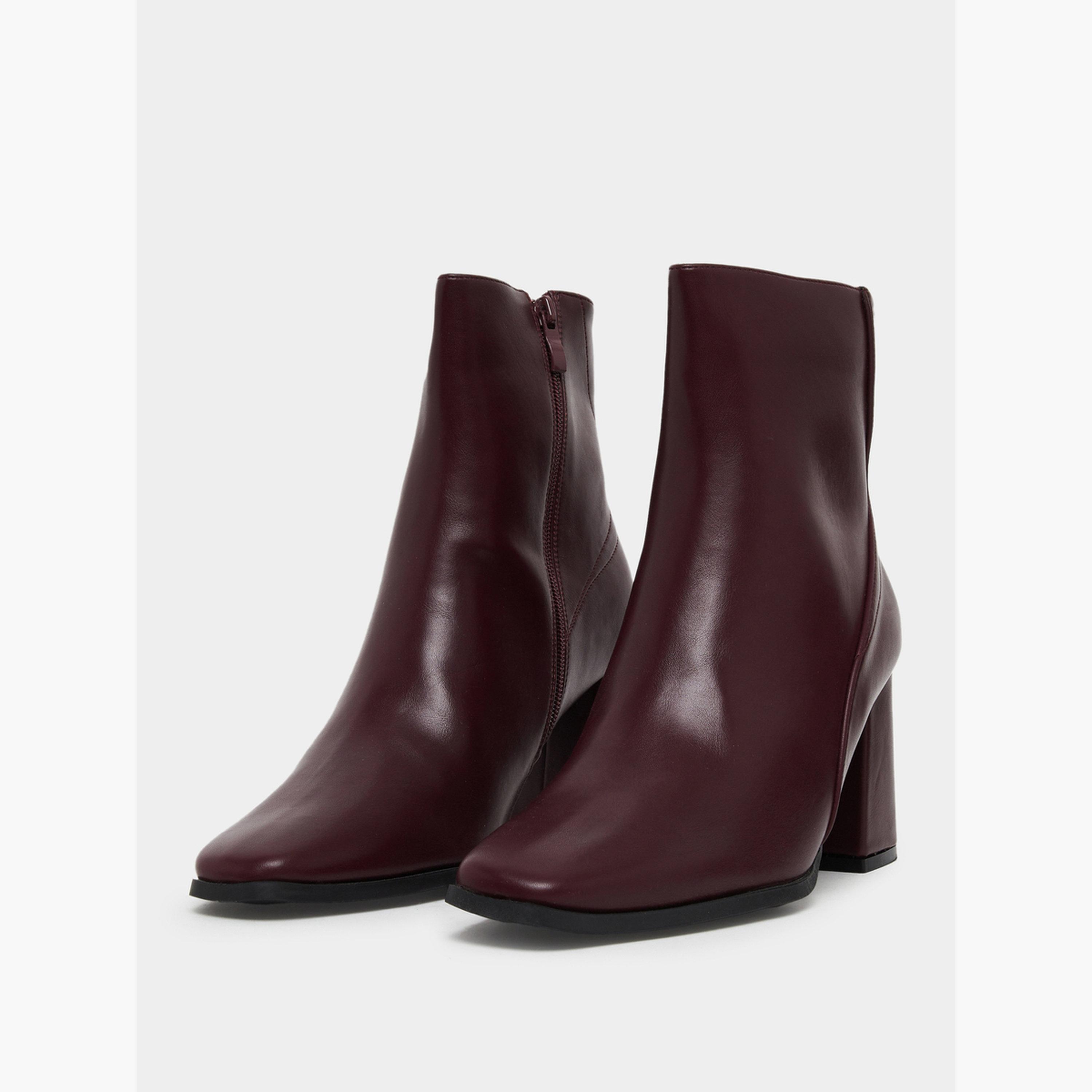 Styli Burgundy Plain Square Toe Block Heel Ankle Boots-women-shoes-boots-image-1